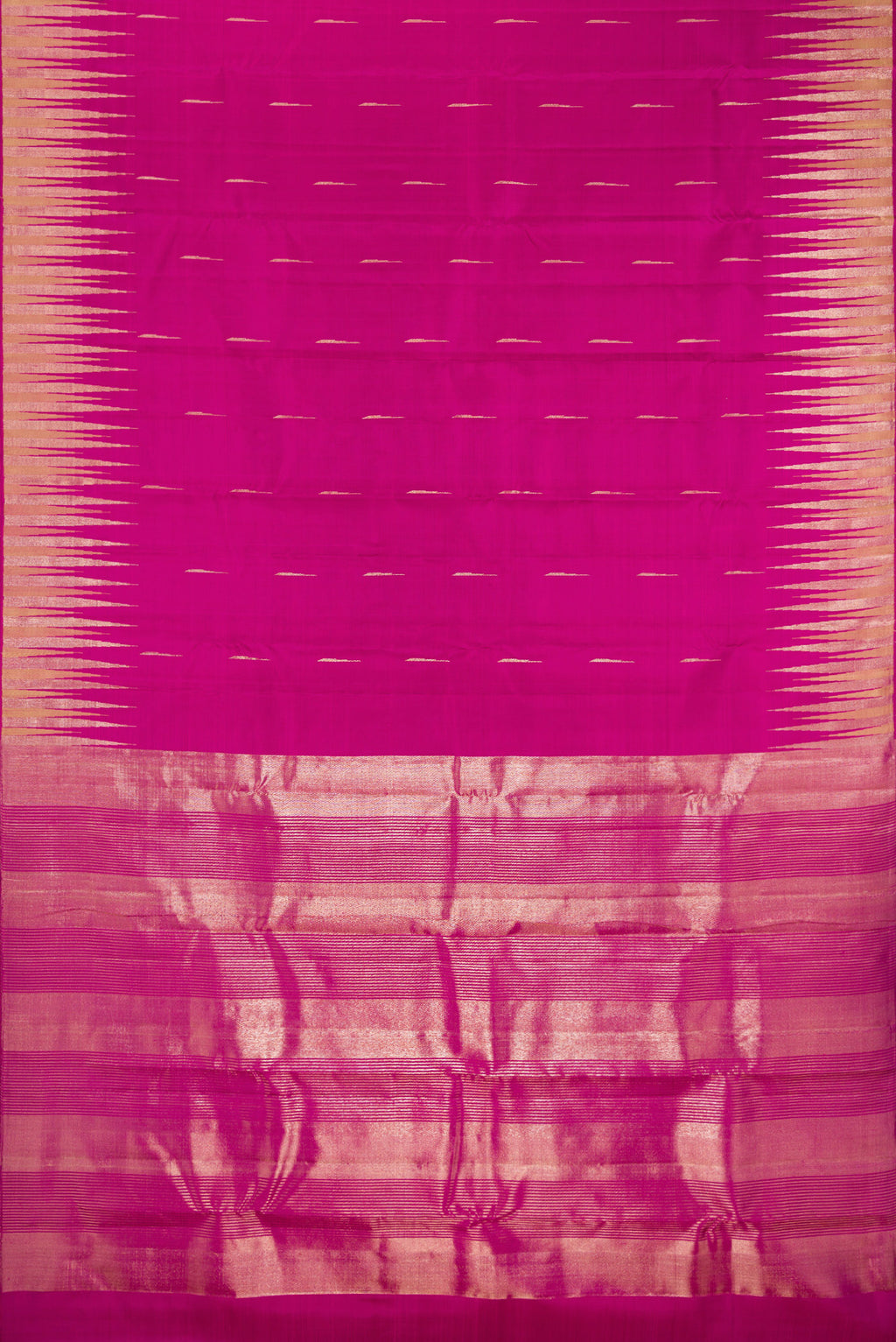 Flat view of Pure Silk Magenta Kanjivaram Saree with Zari Butta on the body and Fancy Border. 