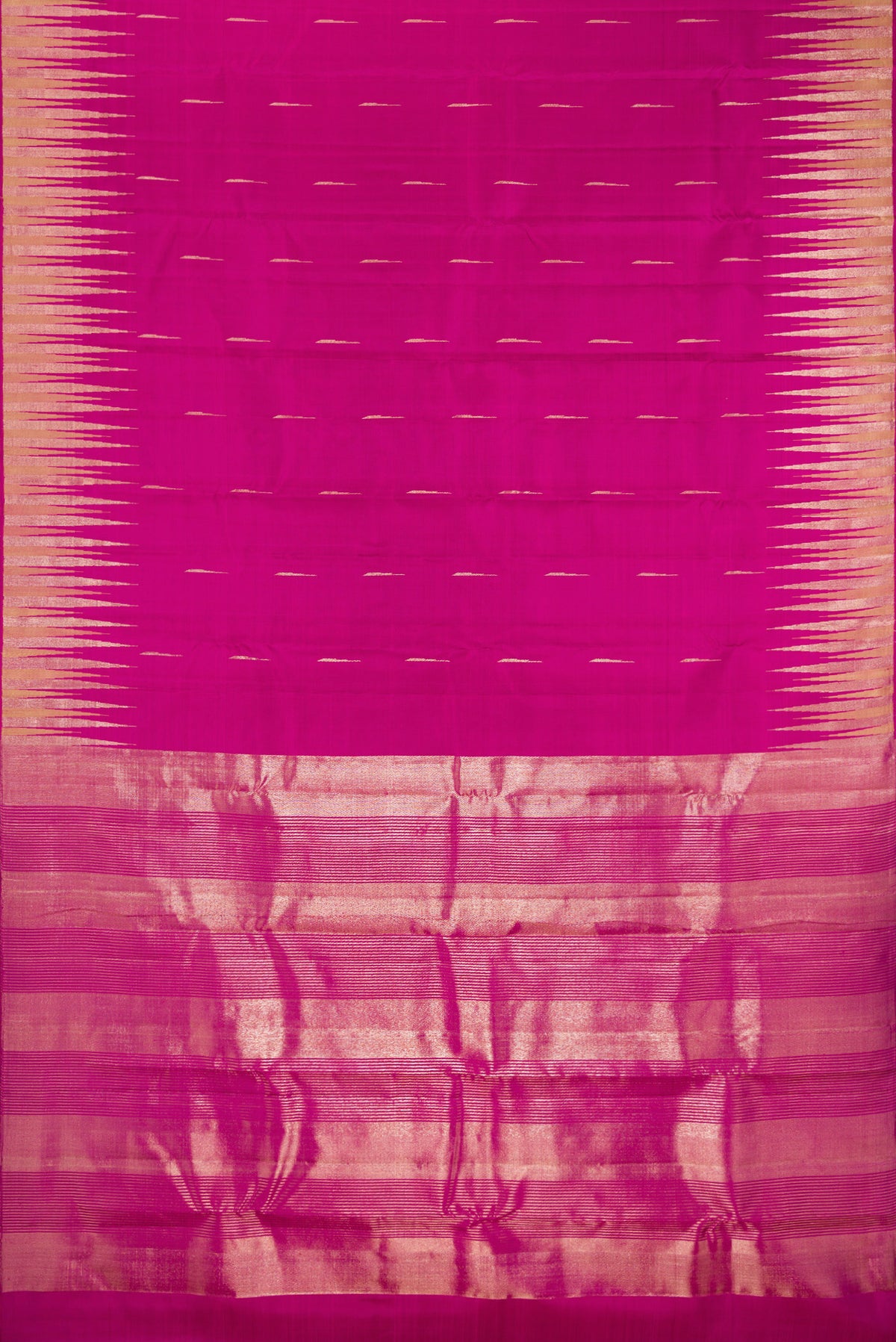 Flat view of Pure Silk Magenta Kanjivaram Saree with Zari Butta on the body and Fancy Border. 