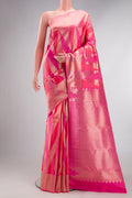 Pure Silk Pink Dual Tone Kanchipuram Saree with Zari Brocade on the body and Zari Border.  displayed on a mannequin
