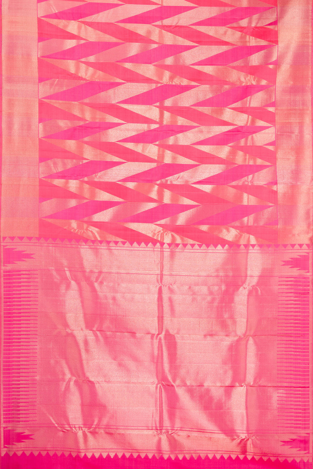 Flat view of Pure Silk Pink Dual Tone Kanchipuram Saree with Zari Brocade on the body and Zari Border. 