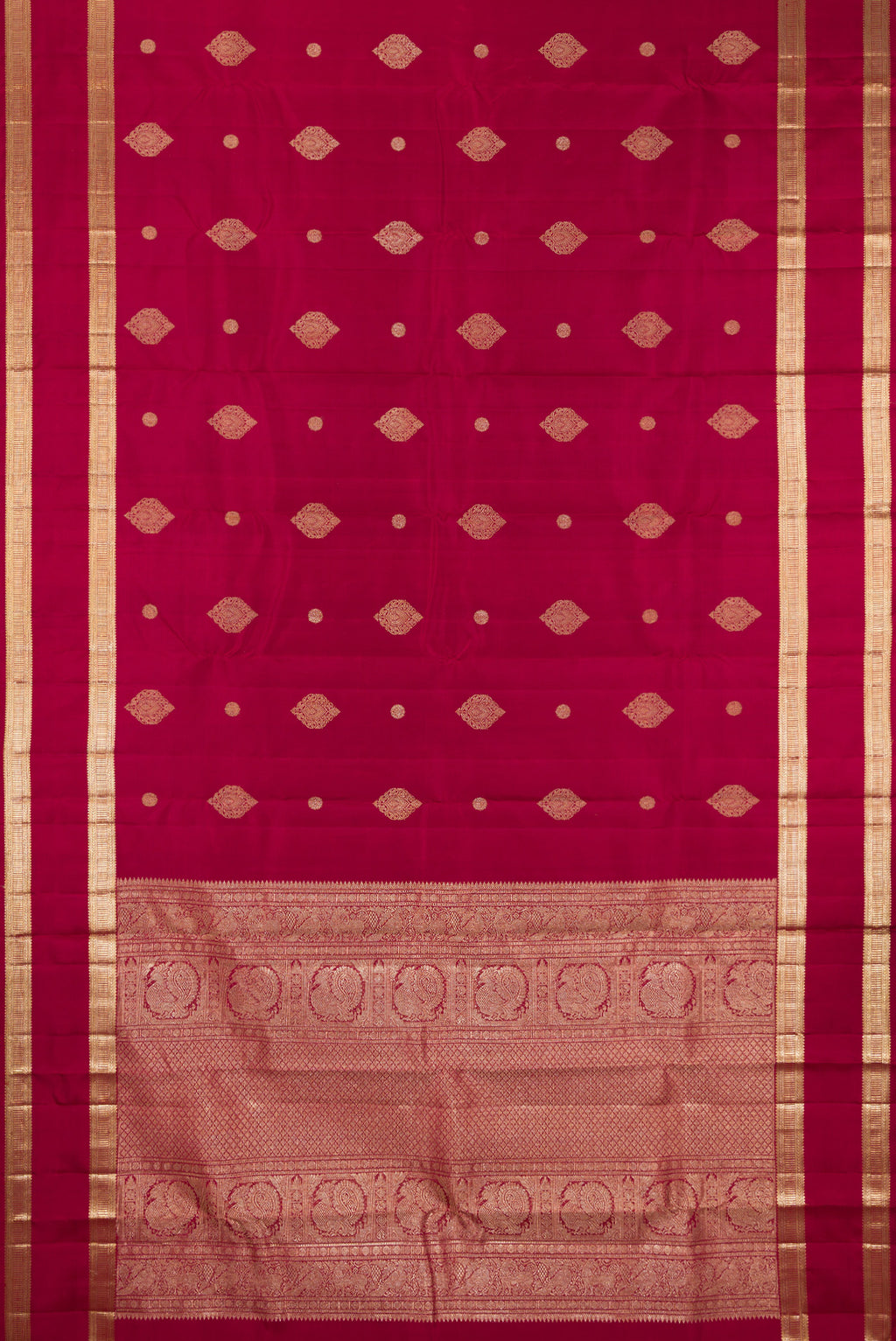 Flat view of Pure Silk Maroon Kanjivaram Saree with Zari Butta on the body and Zari Border. 