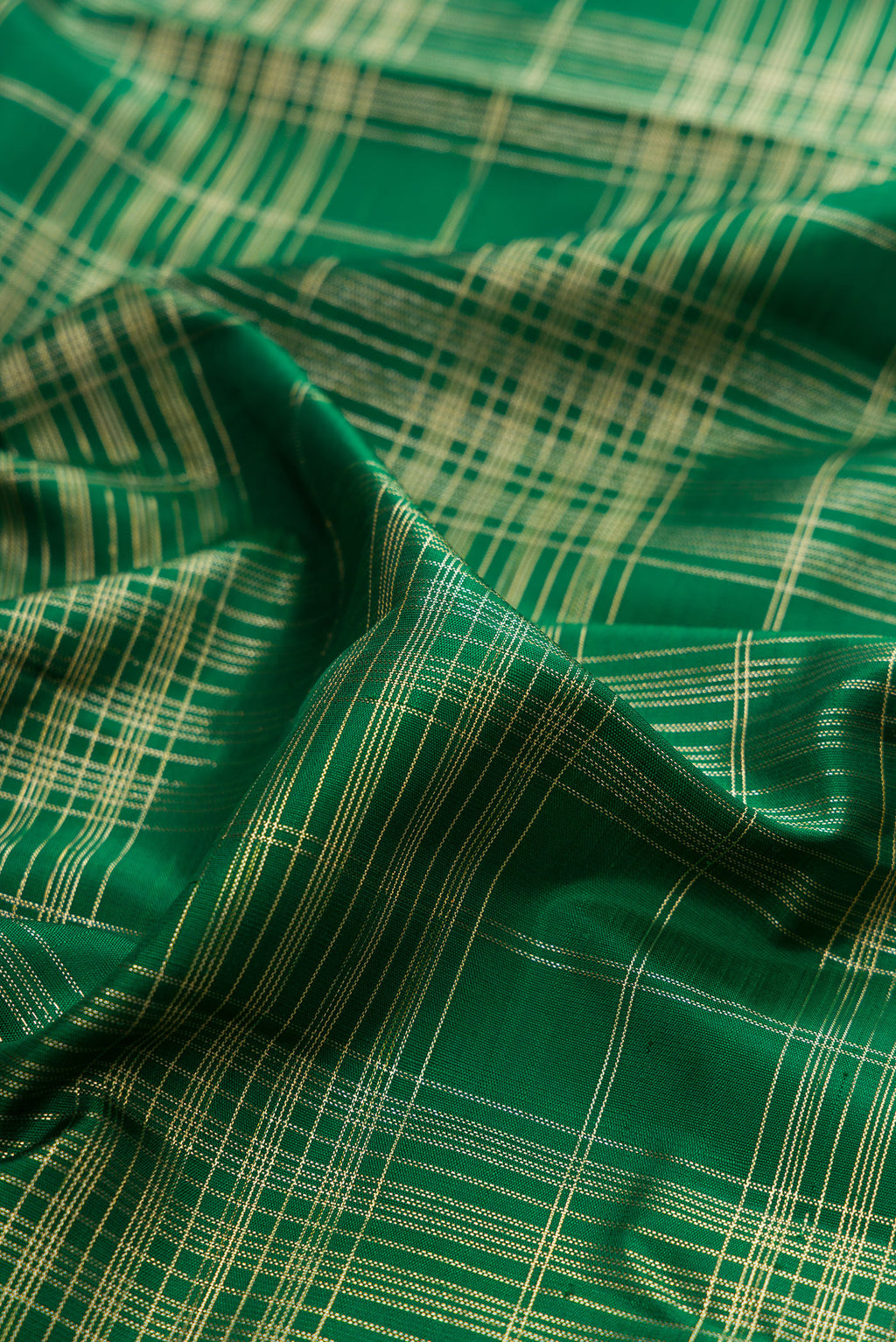 Close up of Pure Silk Green Kanchipuram Saree with Checked design on the body and Zari Border.  displaying folds