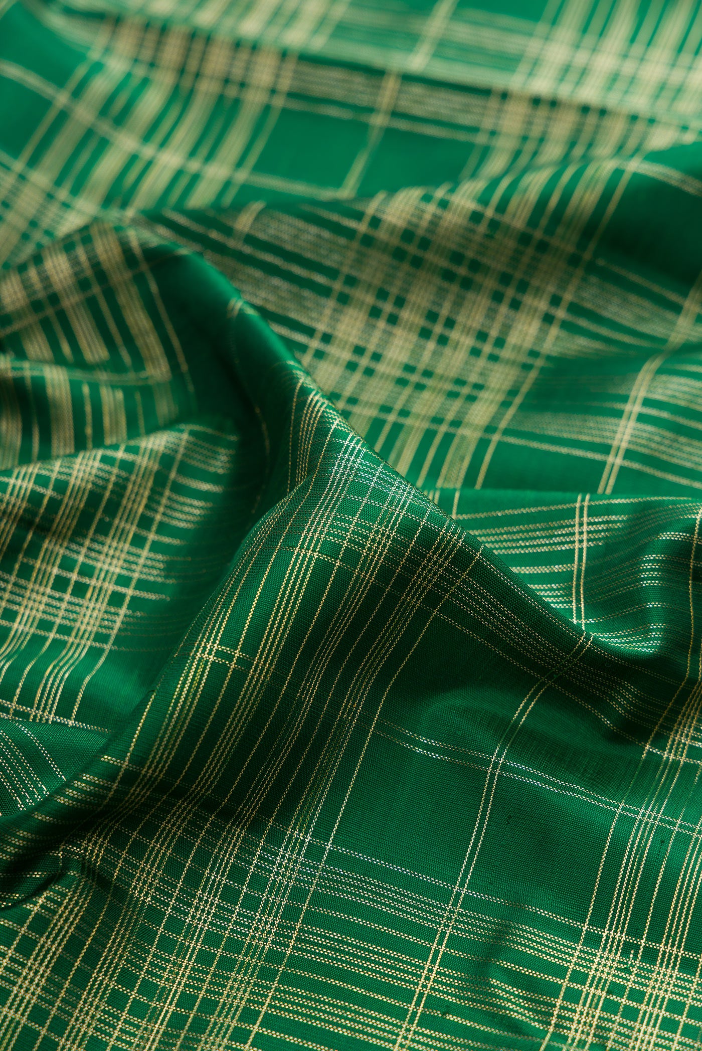 Close up of Pure Silk Green Kanchipuram Saree with Checked design on the body and Zari Border.  displaying folds