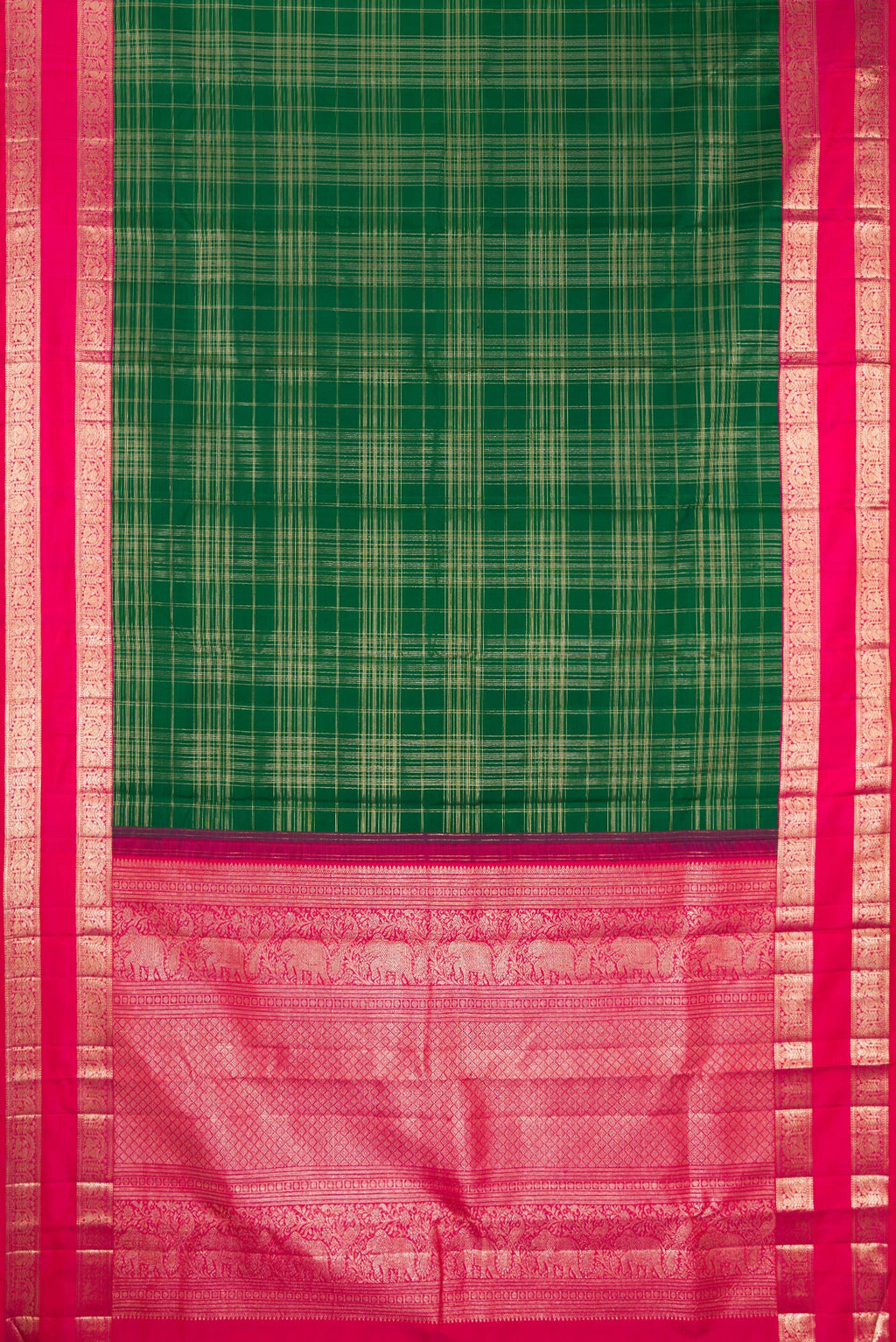 Flat view of Pure Silk Green Kanchipuram Saree with Checked design on the body and Zari Border. 