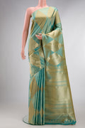 Pure Silk Green Dual Tone Kanchipuram Saree with Zari Brocade on the body and Without Border.  displayed on a mannequin