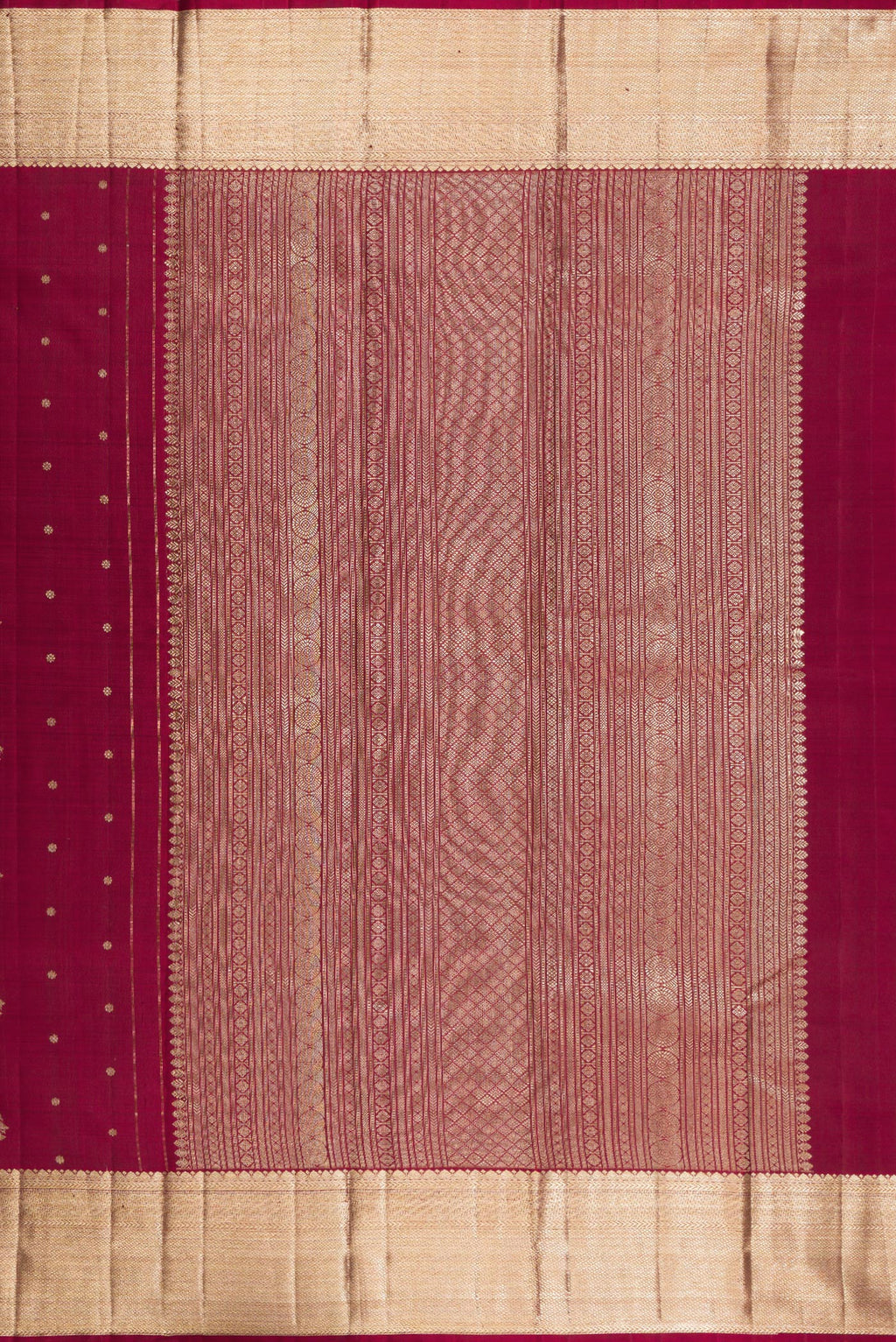 Close up image of the pallu of Pure Silk Maroon Kanjivaram Saree with Zari Butta on the body and Zari Border. 