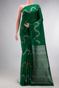 Pure Silk Bottle Green Kanjivaram Saree with Zig Zag design on the body and Without Border.  displayed on a mannequin