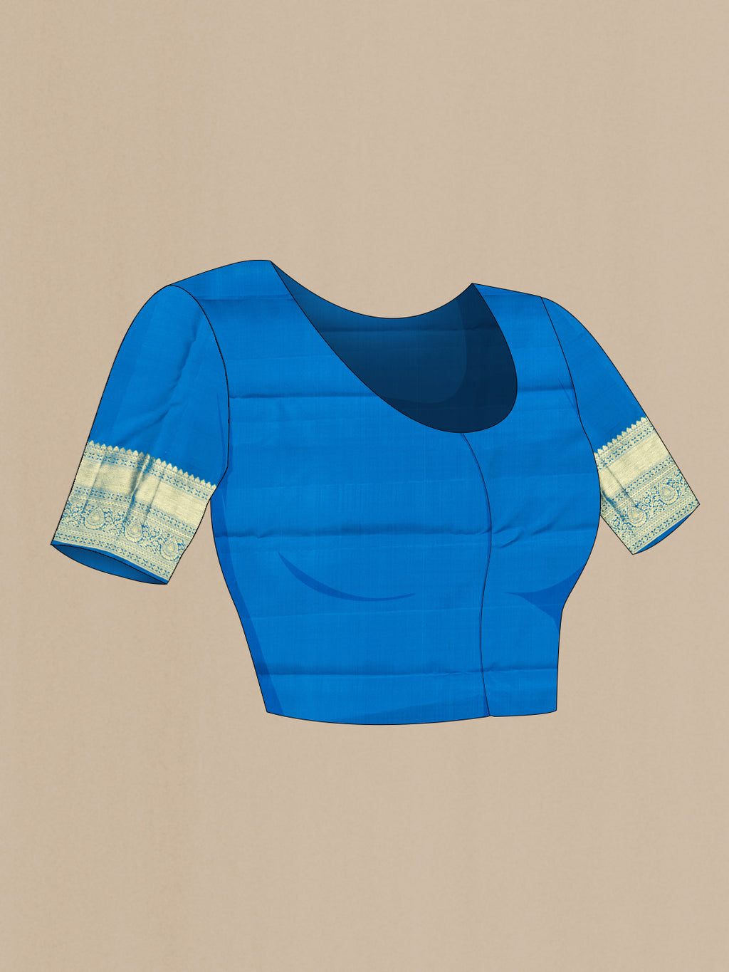 Close up image of the blouse of Pure Silk Peacock Blue Kanchipuram Saree with Zari Brocade on the body and Zari Border. 