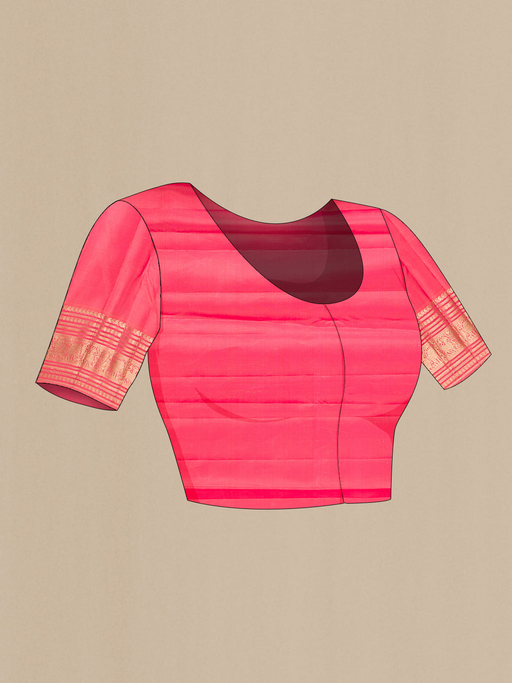 Close up image of the blouse of Pure Silk Magenta Kanjivaram Saree with Zari Butta on the body and Zari Border. 