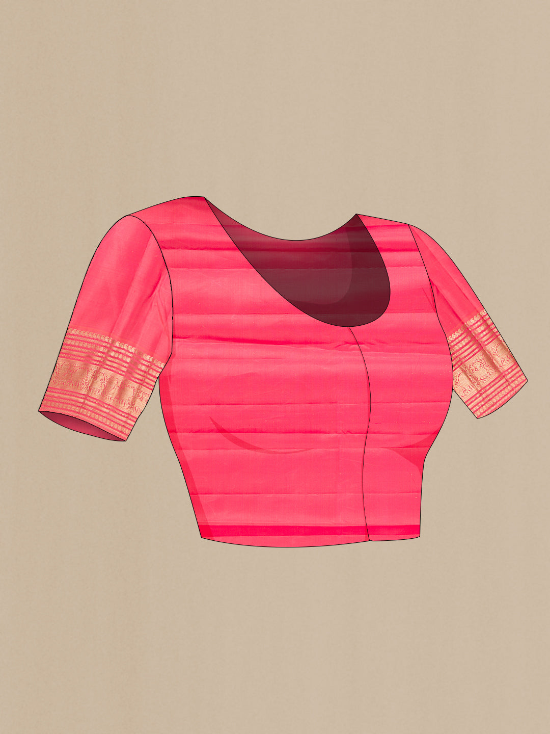 Close up image of the blouse of Pure Silk Magenta Kanjivaram Saree with Zari Butta on the body and Zari Border. 