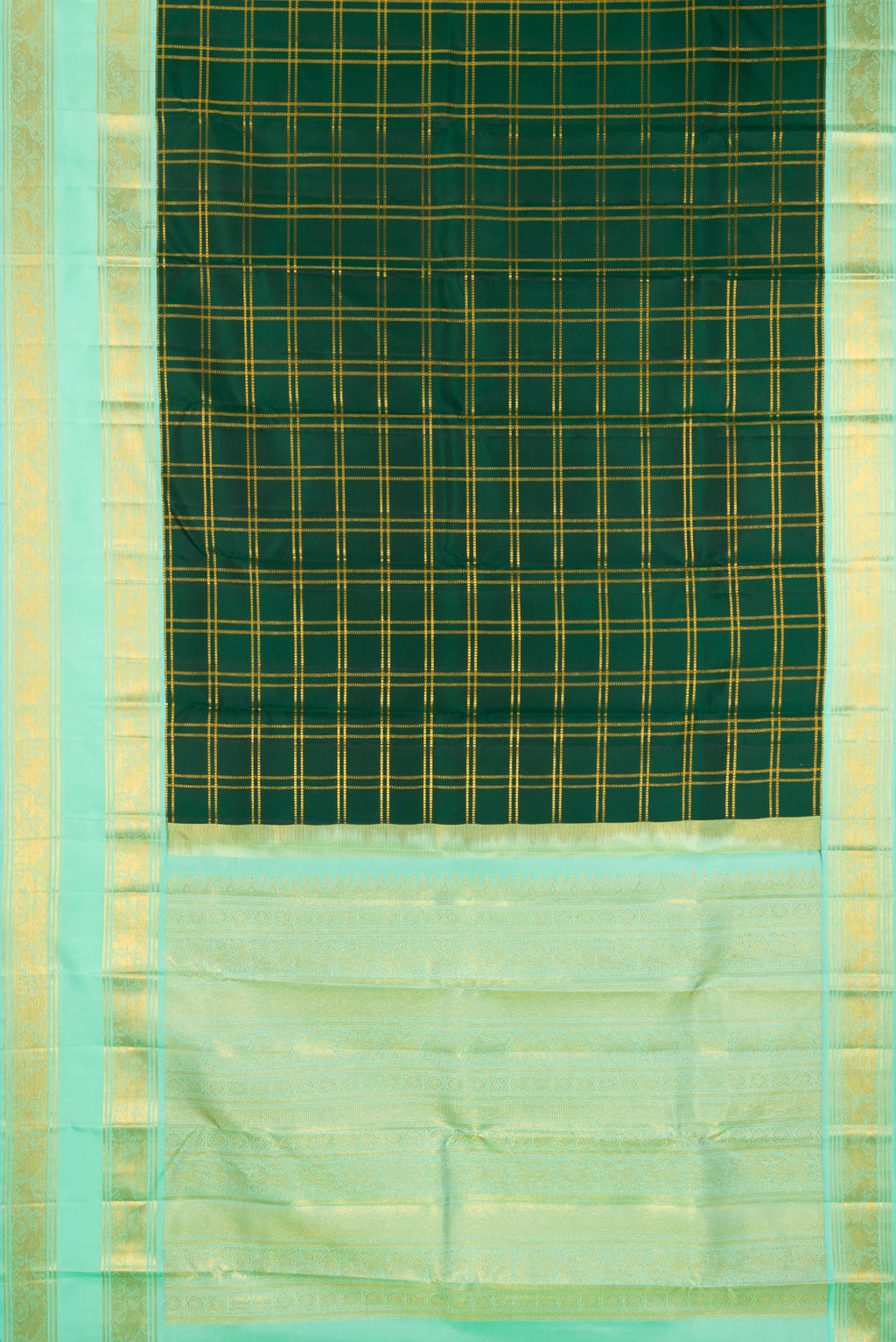 Flat view of Pure Silk Bottle Green Kanjivaram Saree with Checked design on the body and Zari Border. 