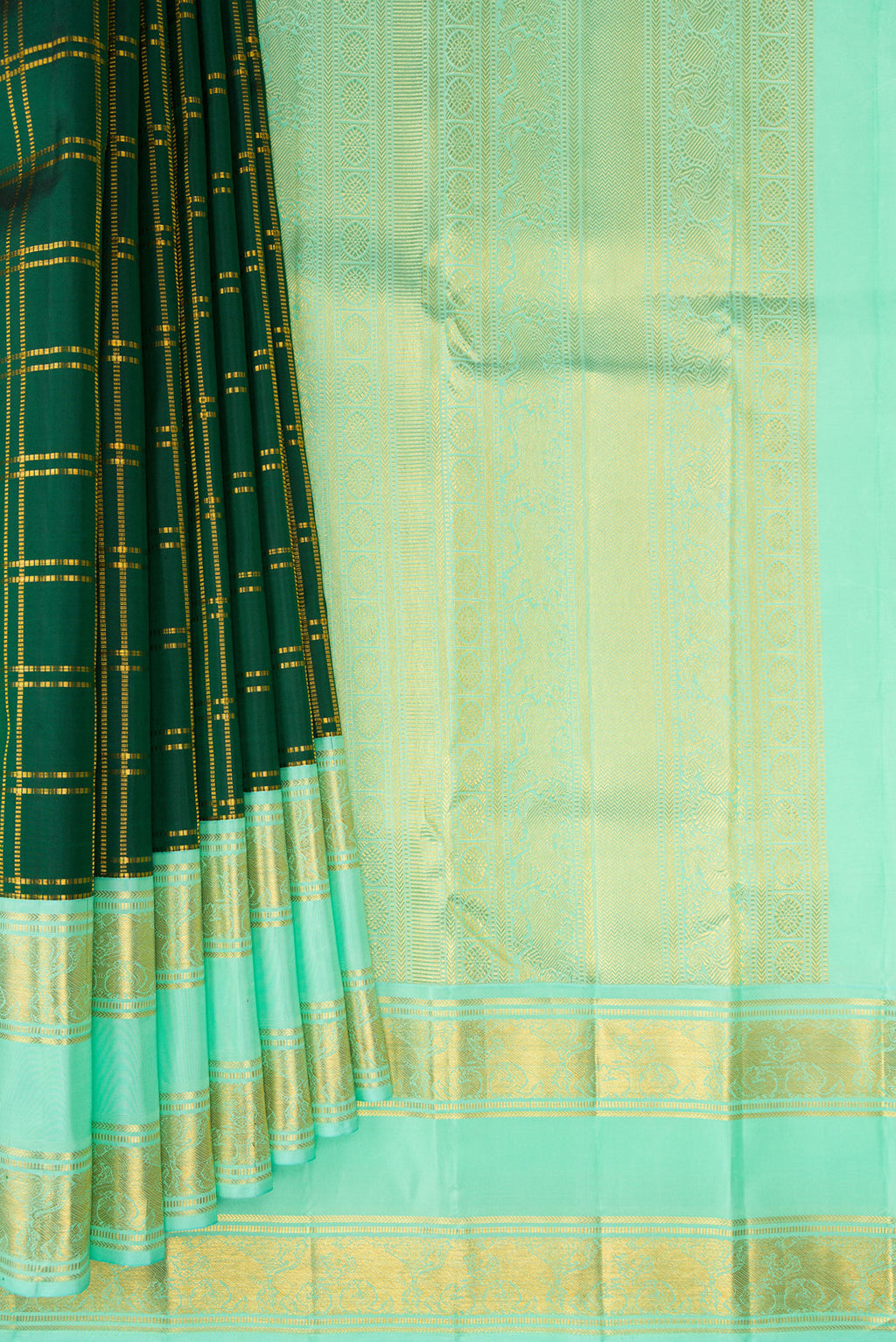 Pleats and pallu of Pure Silk Bottle Green Kanjivaram Saree with Checked design on the body and Zari Border. 