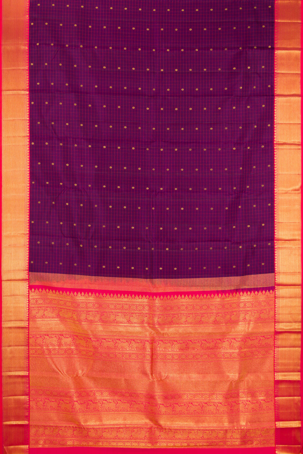Flat view of Pure Silk Purple Kanjivaram Saree with Checked design on the body and Zari Border. 
