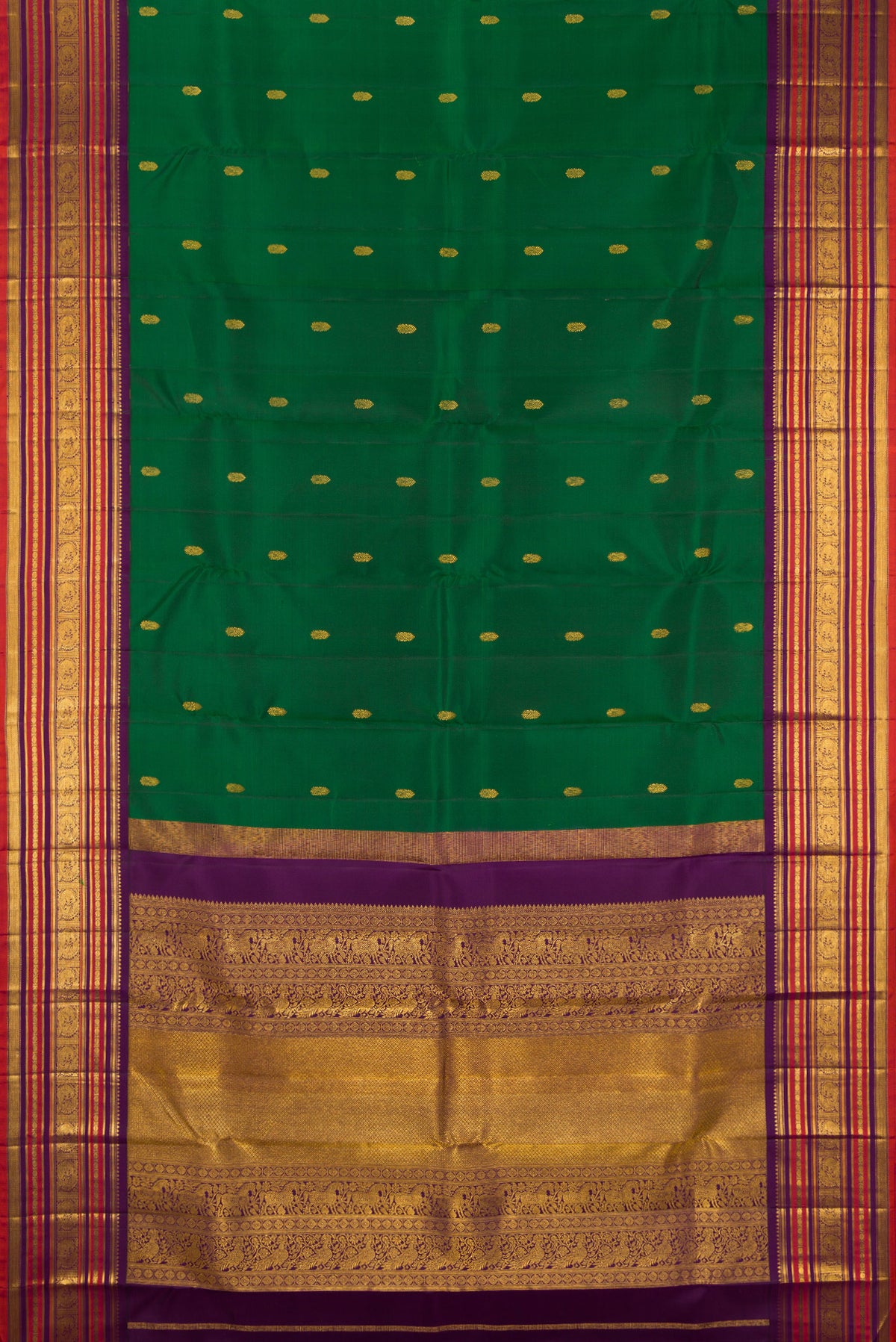 Flat view of Pure Silk Bottle Green Kanjivaram Saree with Zari Butta on the body and Zari Border. 