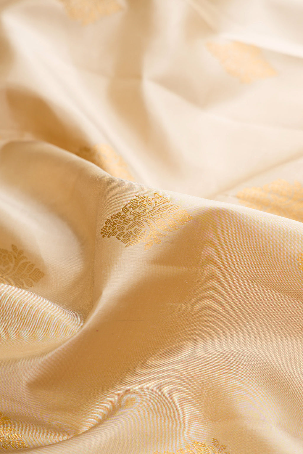 Close up of Pure Silk Beige Kanjivaram Saree with Zari Butta on the body and Zari Border.  displaying folds