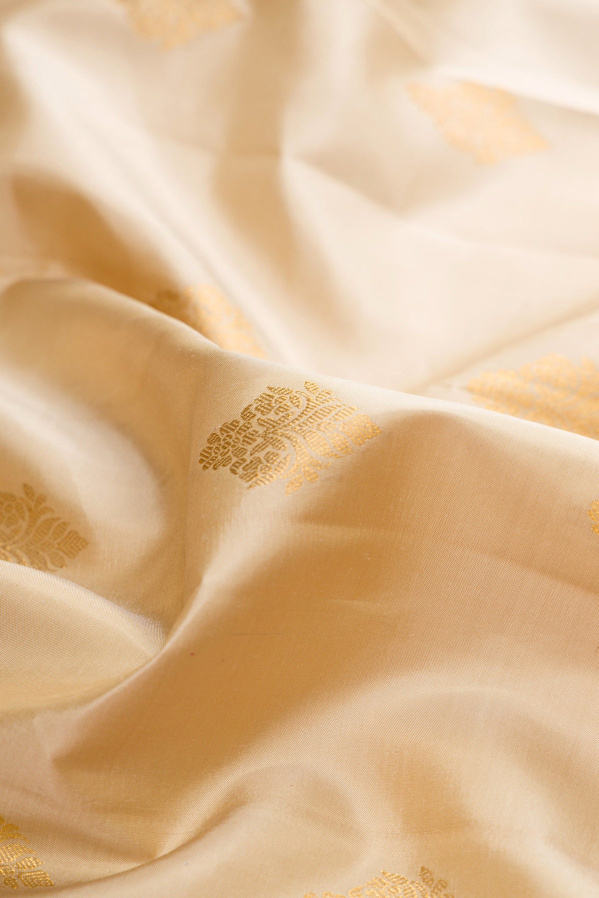 Close up of Pure Silk Beige Kanjivaram Saree with Zari Butta on the body and Zari Border.  displaying folds