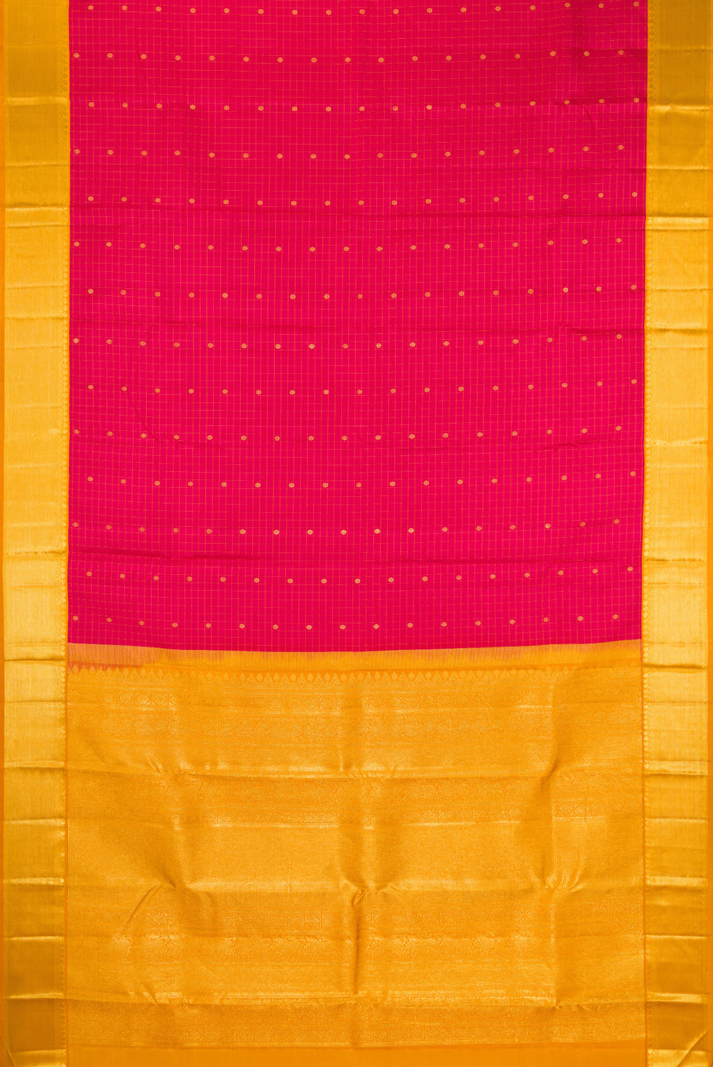 Flat view of Pure Silk Pink Kanjivaram Saree with Checked design on the body and Zari Border. 