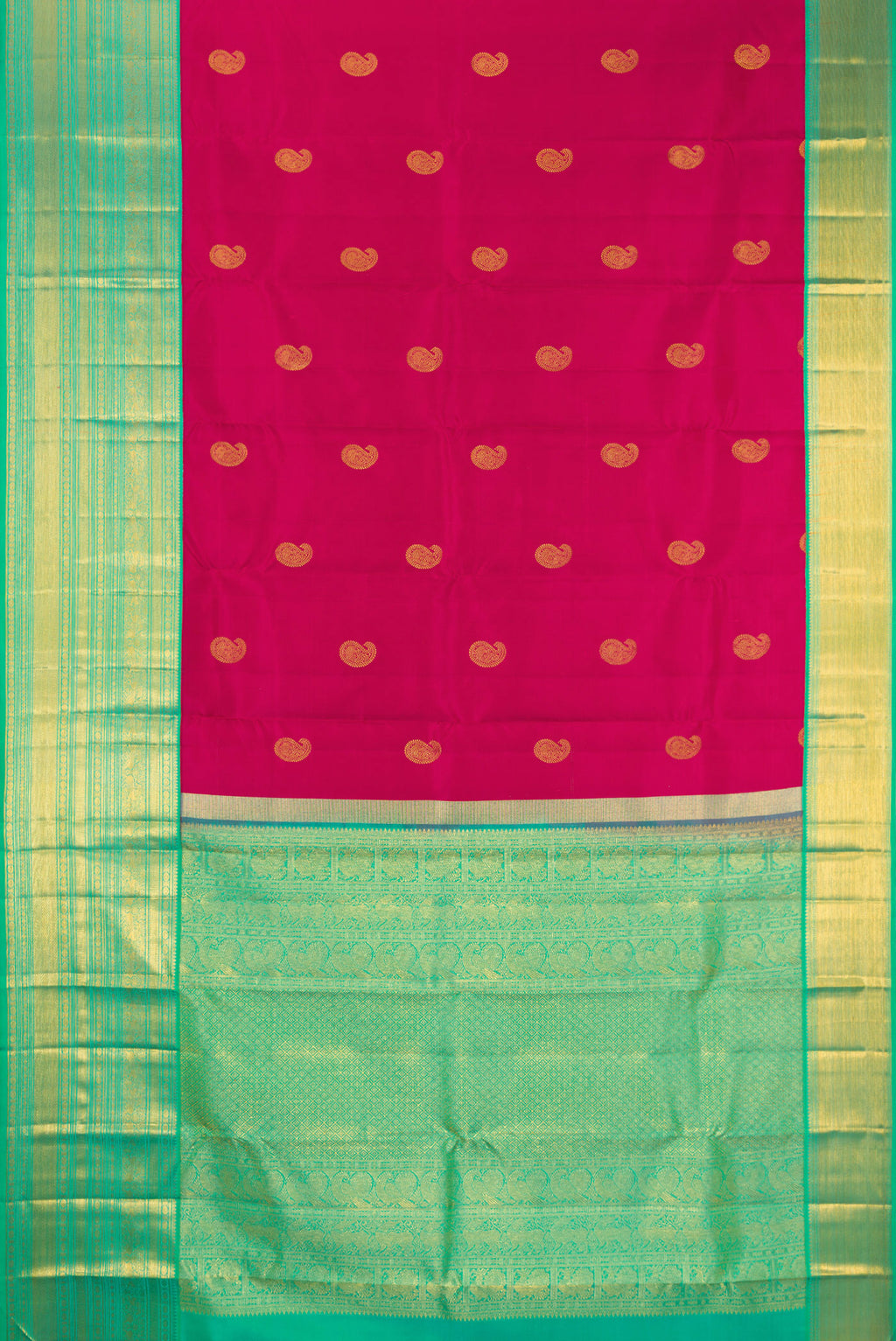 Flat view of Pure Silk Magenta Kanjivaram Saree with Zari Butta on the body and Zari Border. 