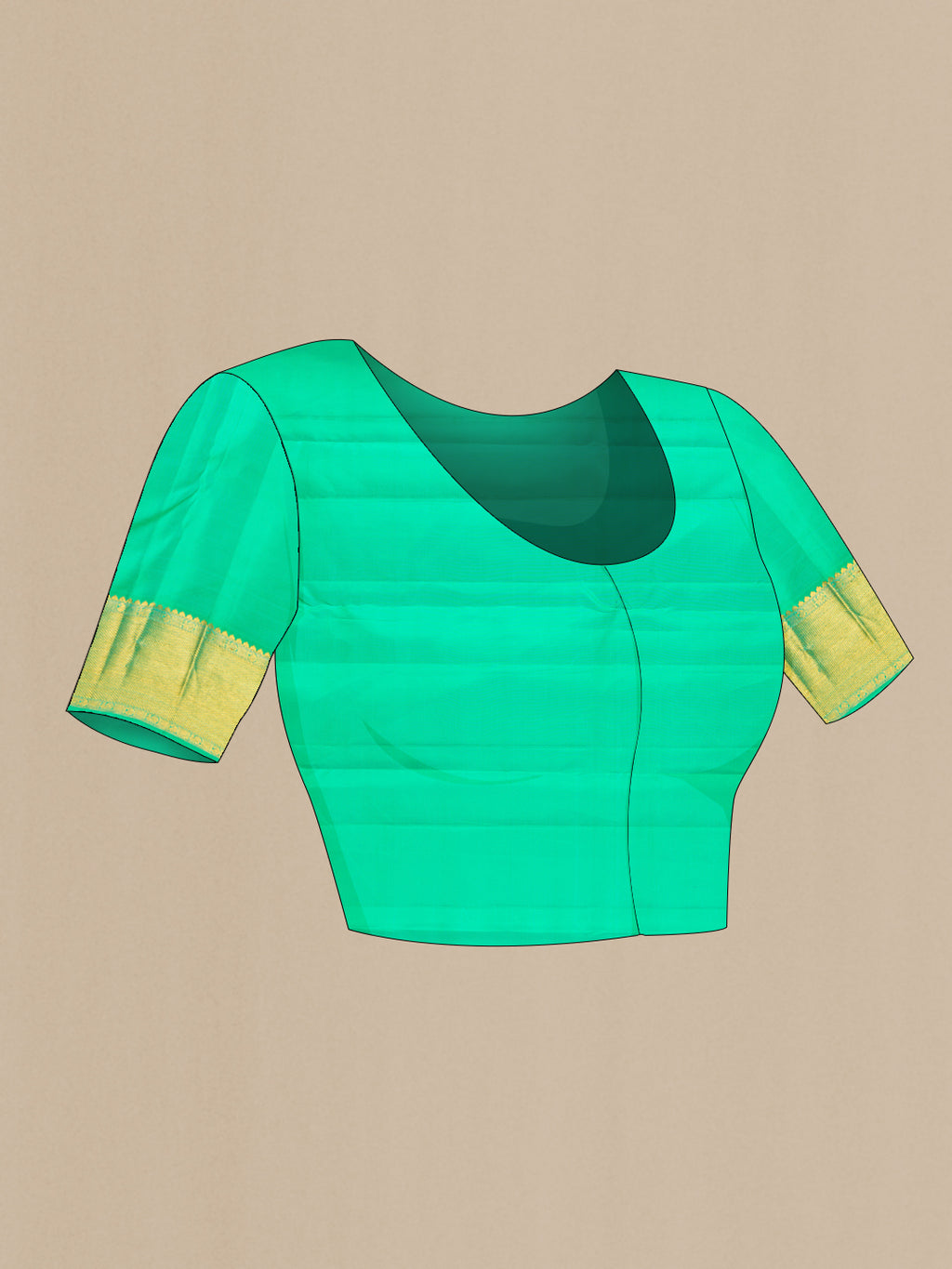 Close up image of the blouse of Pure Silk Sea Green Kanjivaram Saree with Checked design on the body and Zari Border. 
