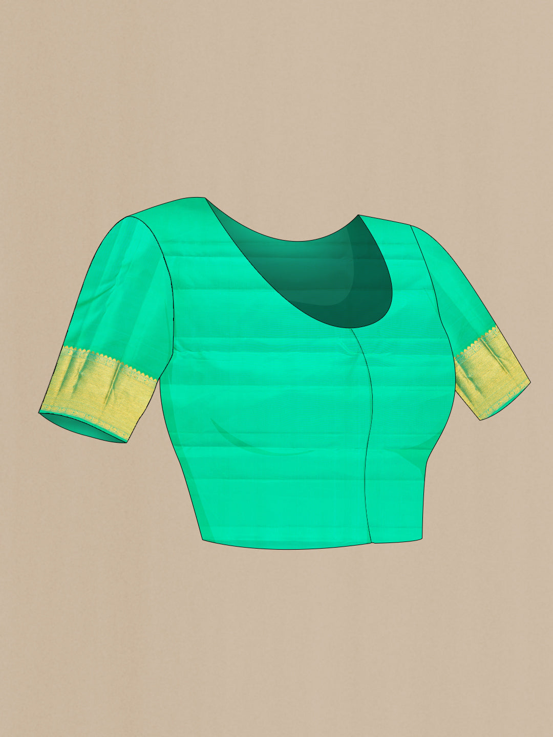 Close up image of the blouse of Pure Silk Sea Green Kanjivaram Saree with Checked design on the body and Zari Border. 