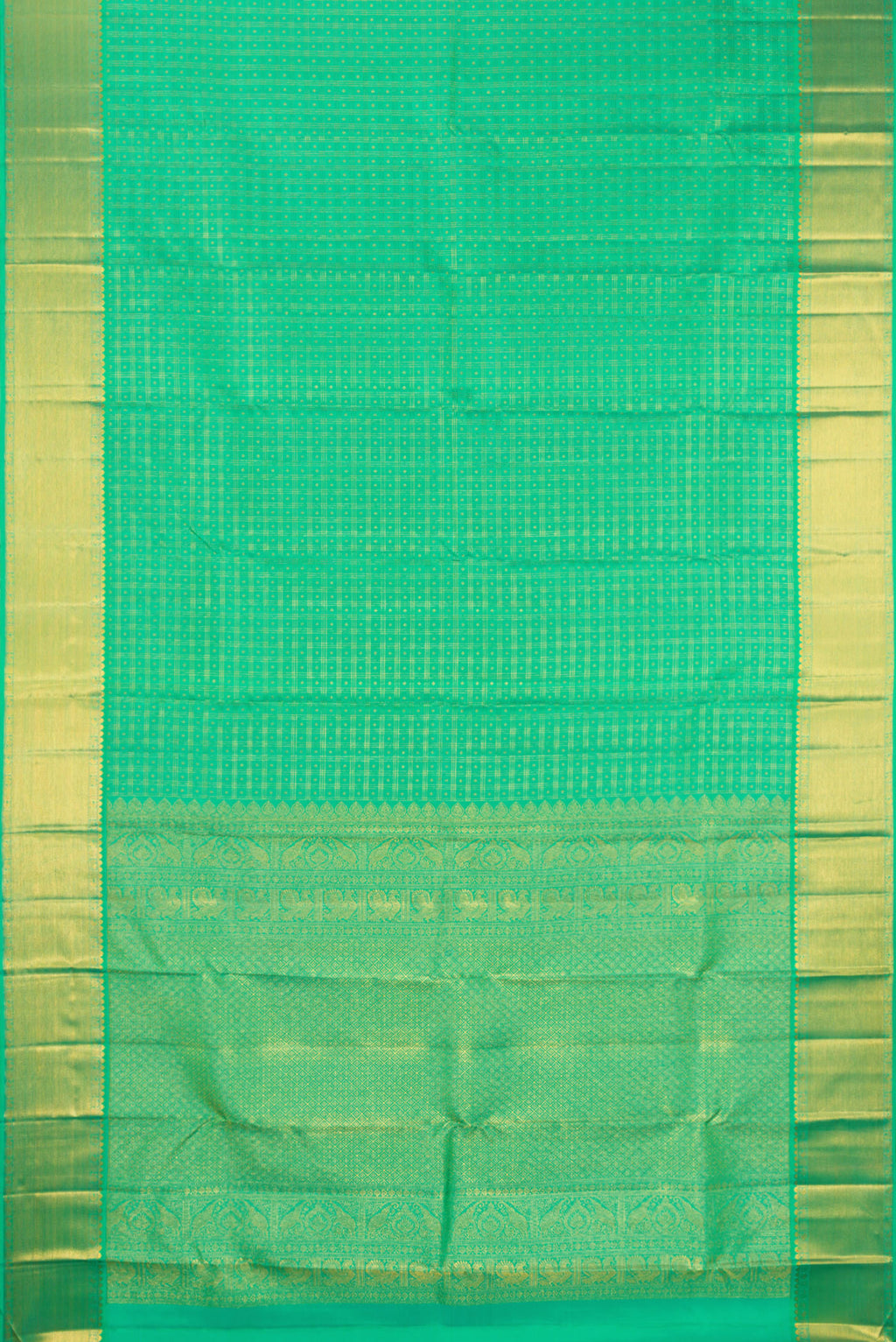 Flat view of Pure Silk Sea Green Kanjivaram Saree with Checked design on the body and Zari Border. 