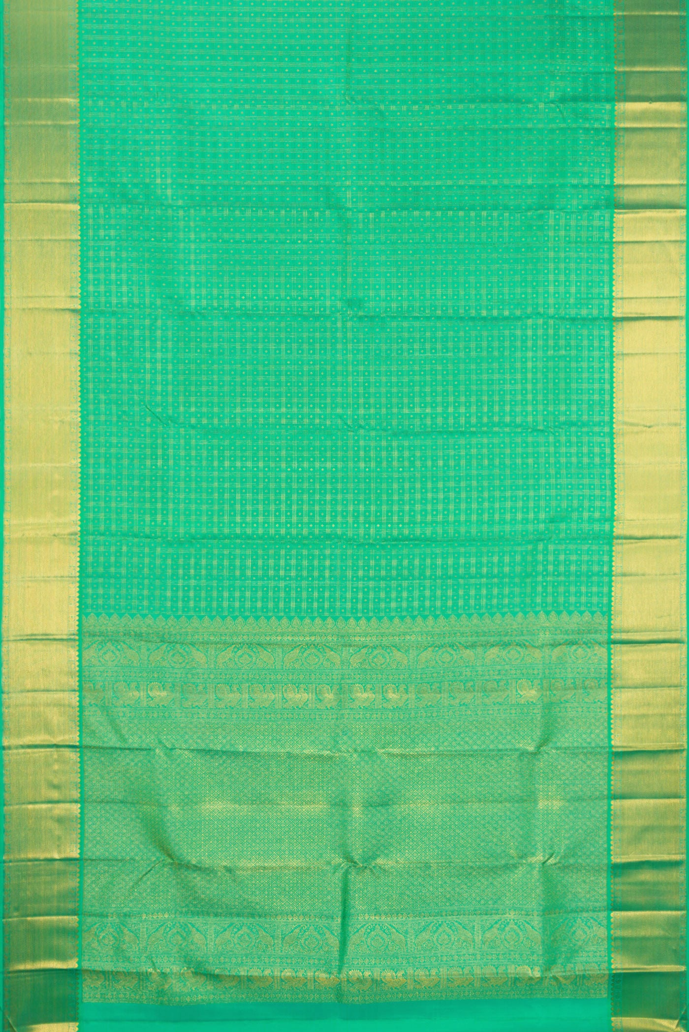 Flat view of Pure Silk Sea Green Kanjivaram Saree with Checked design on the body and Zari Border. 