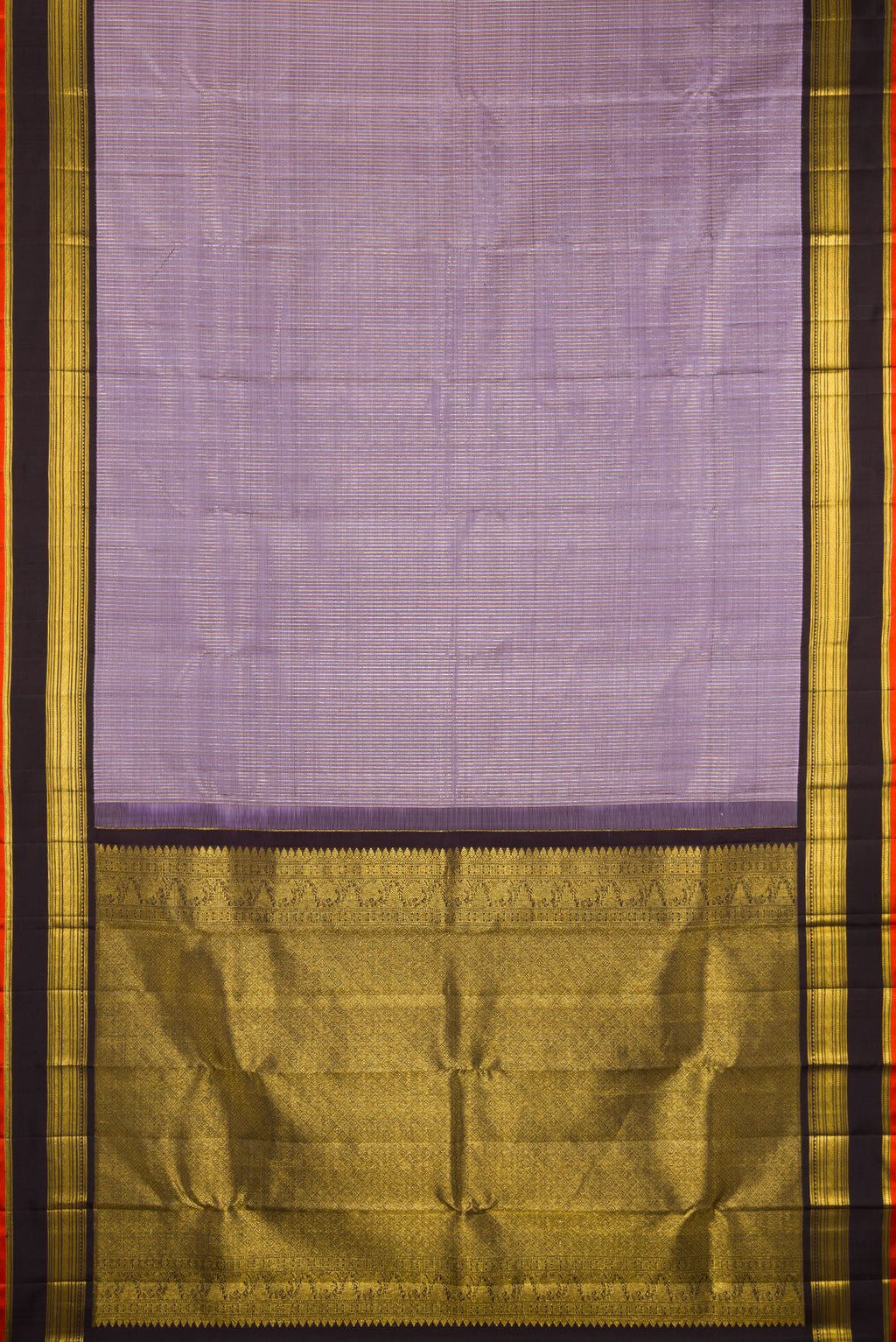 Flat view of Pure Silk Lavender Kanjivaram Saree with Stripes on the body and Zari Border. 