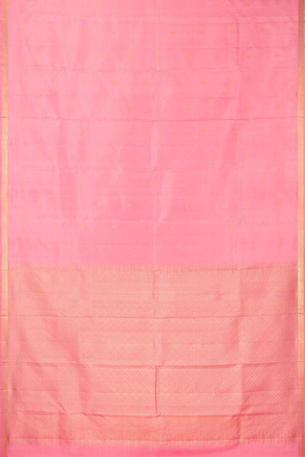 Flat view of Pure Silk Rose pink Kanjivaram Saree with Zari Butta on the body and Zari Border. 