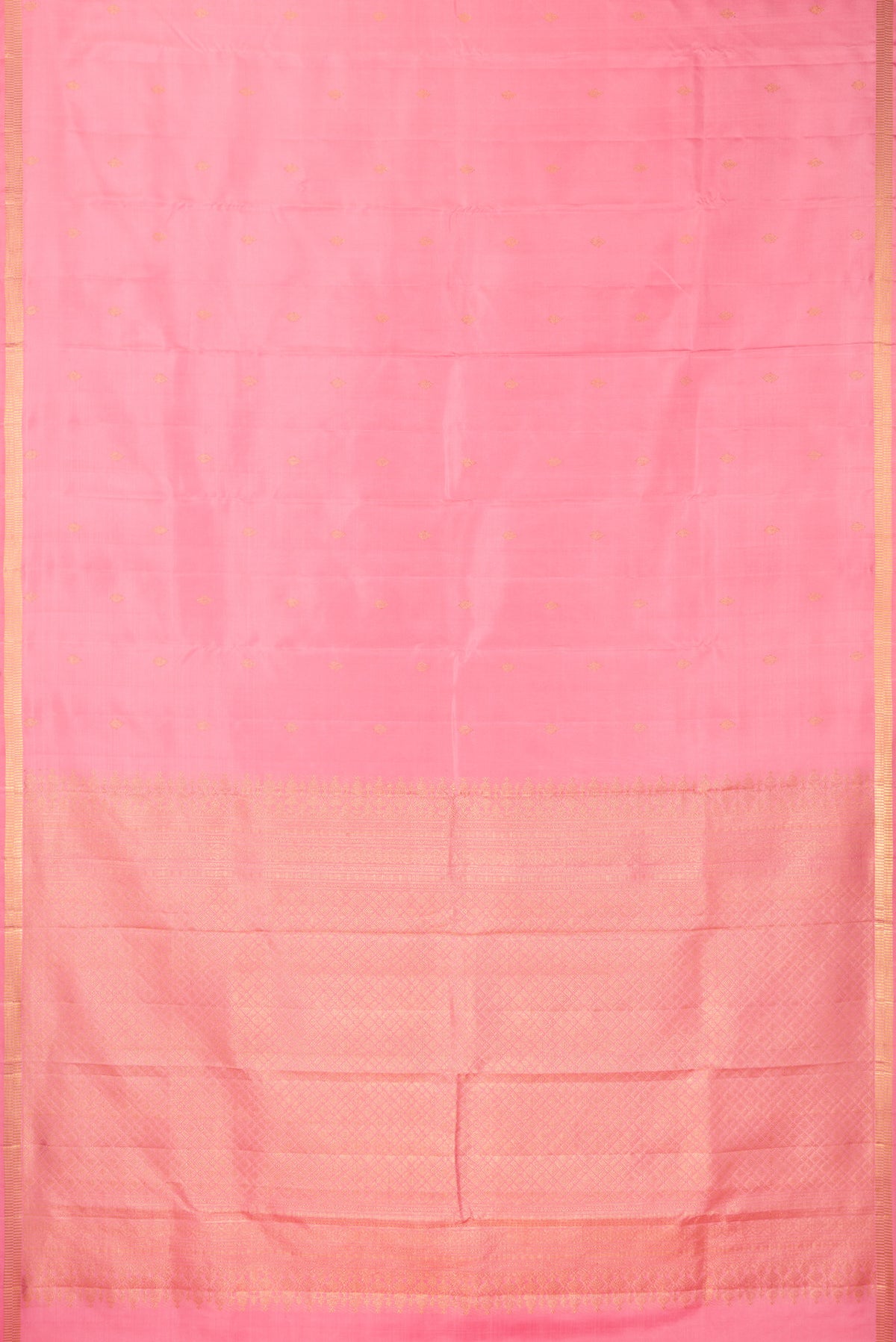 Flat view of Pure Silk Rose pink Kanjivaram Saree with Zari Butta on the body and Zari Border. 