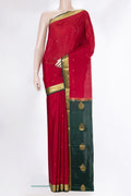 Red Mysore Crepe Saree with Zari Butta on the body and Zari Border.  displayed on a mannequin