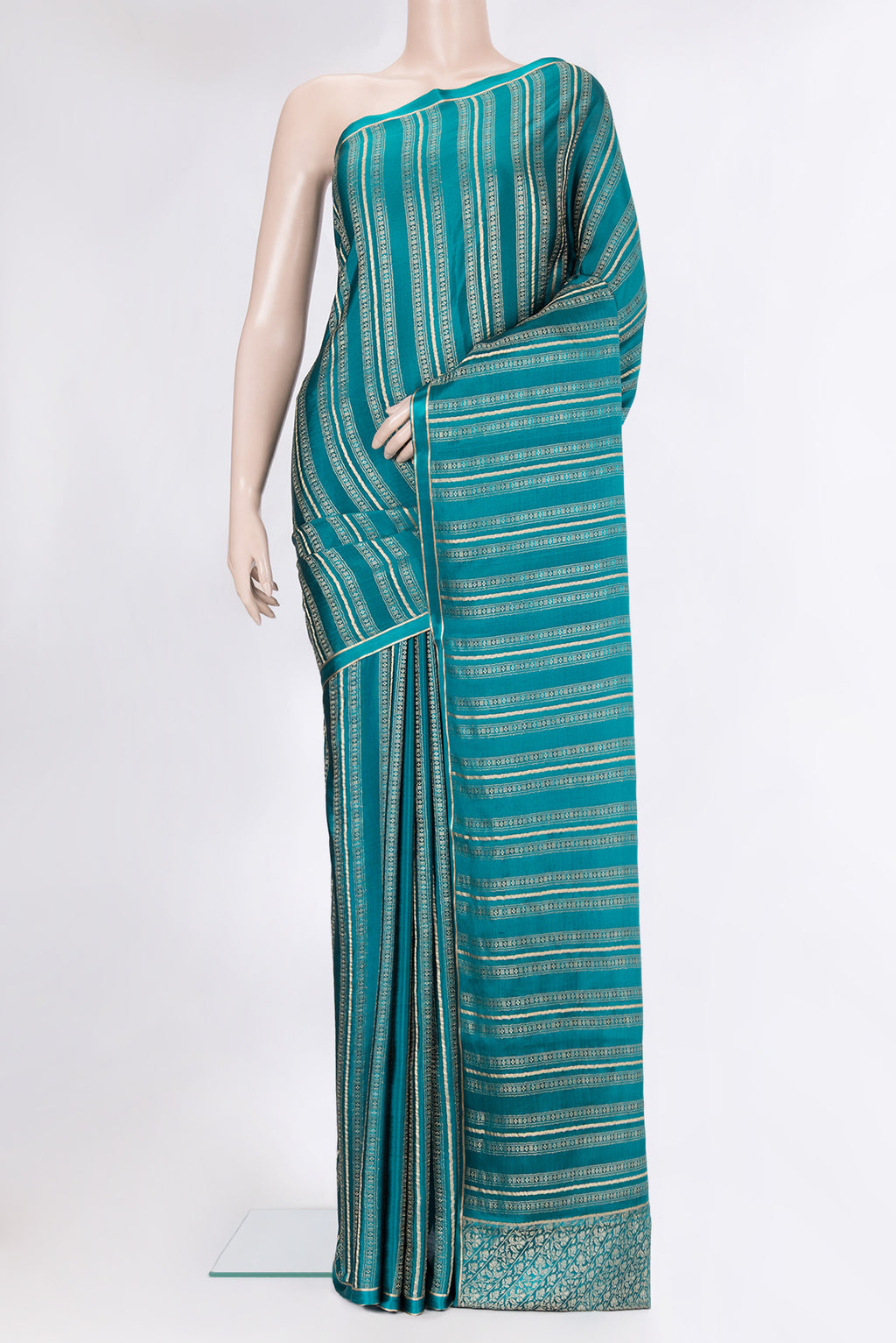 Peacock Blue Dual Tone Banarasi Georgette Saree with Zari Brocade on the body and Plain Border.  displayed on a mannequin