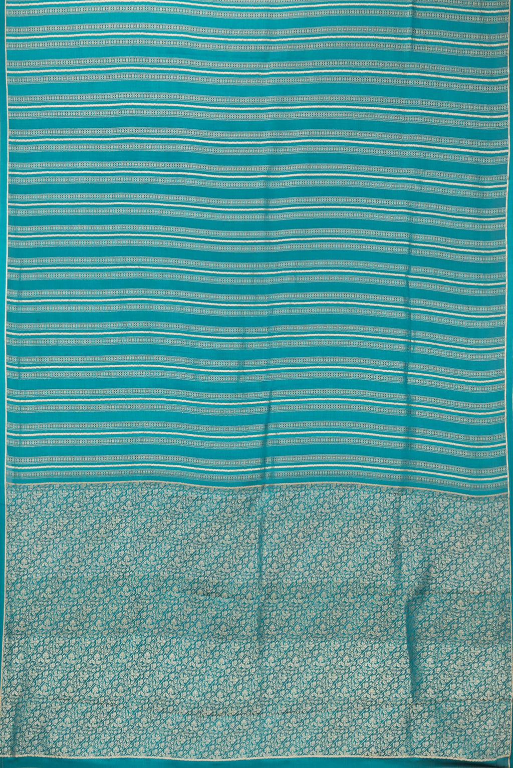 Flat view of Peacock Blue Dual Tone Banarasi Georgette Saree with Zari Brocade on the body and Plain Border. 