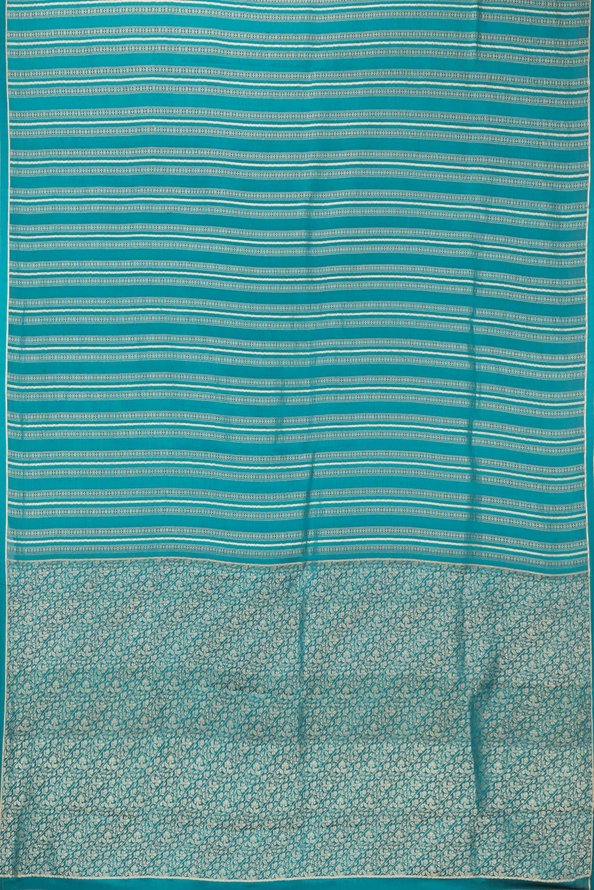 Flat view of Peacock Blue Dual Tone Banarasi Georgette Saree with Zari Brocade on the body and Plain Border. 
