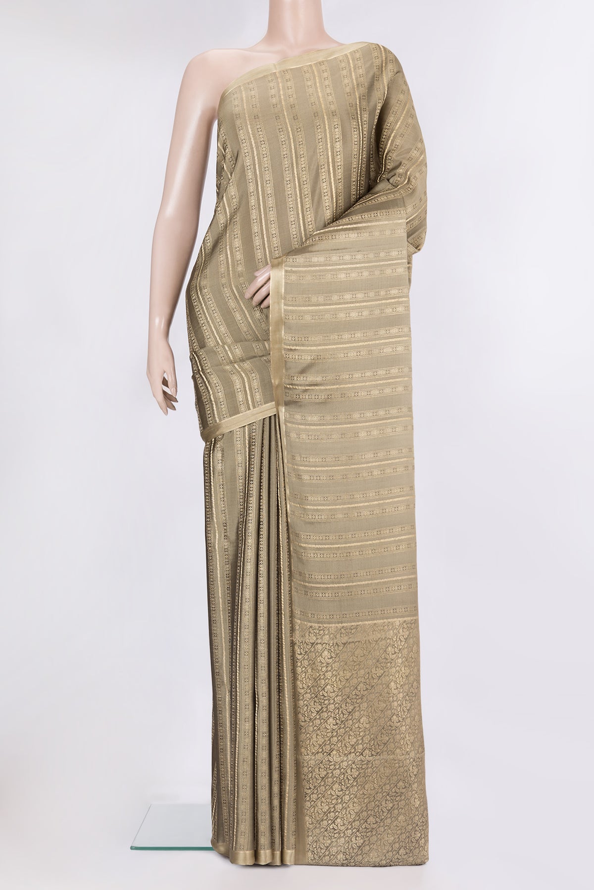 Pure Silk Brown Dual Tone Banarasi Georgette Saree with Zari Brocade on the body and Zari Border.  displayed on a mannequin