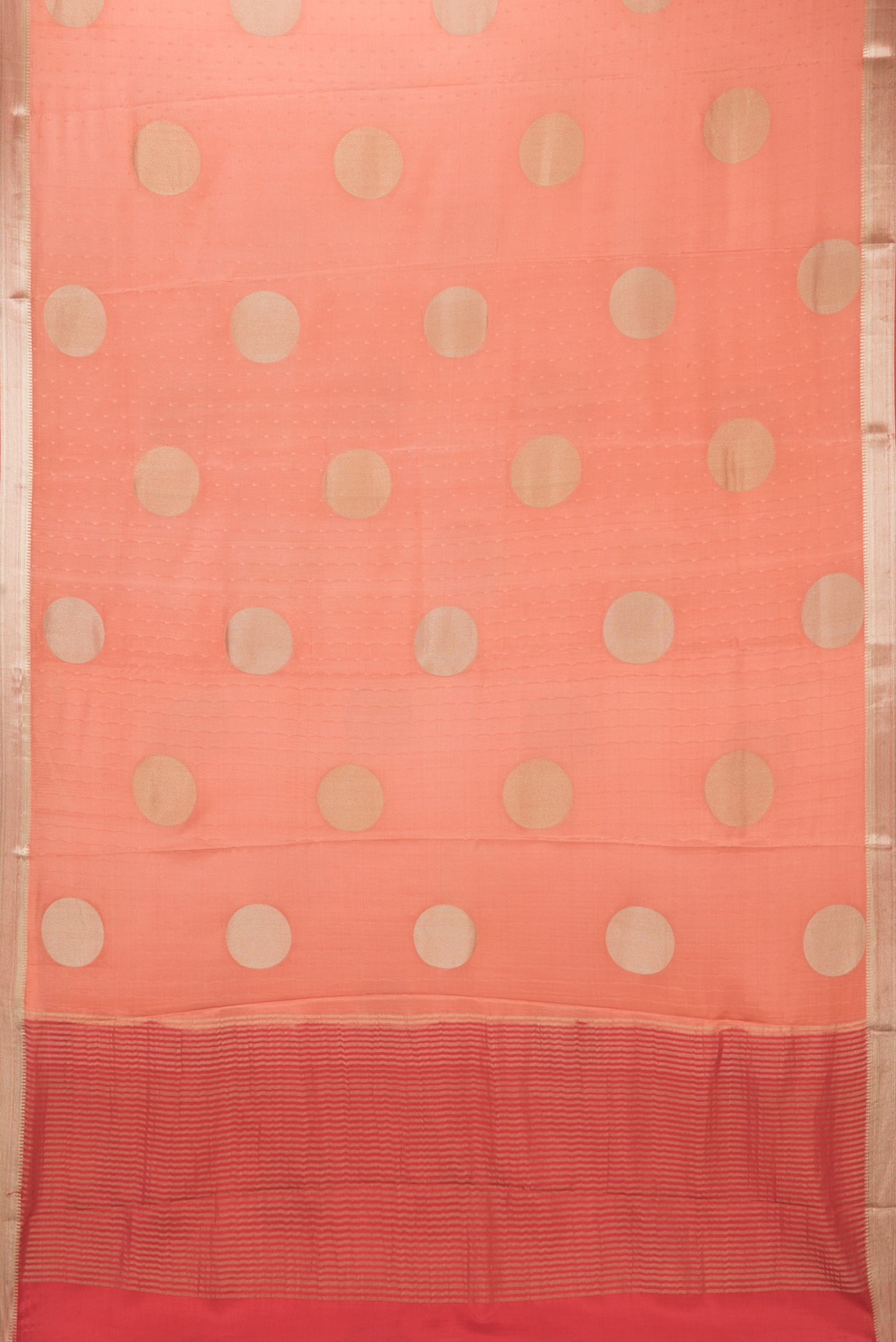 Flat view of Peach Mysore Crepe Saree with Zari Butta on the body and Zari Border. 