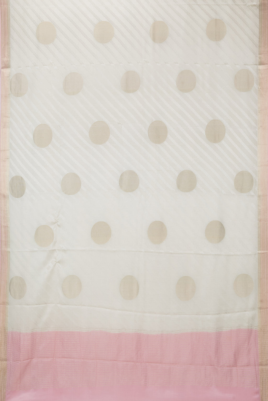 Flat view of Beige Mysore Chiffon Saree with Zari Butta on the body and Zari Border. 