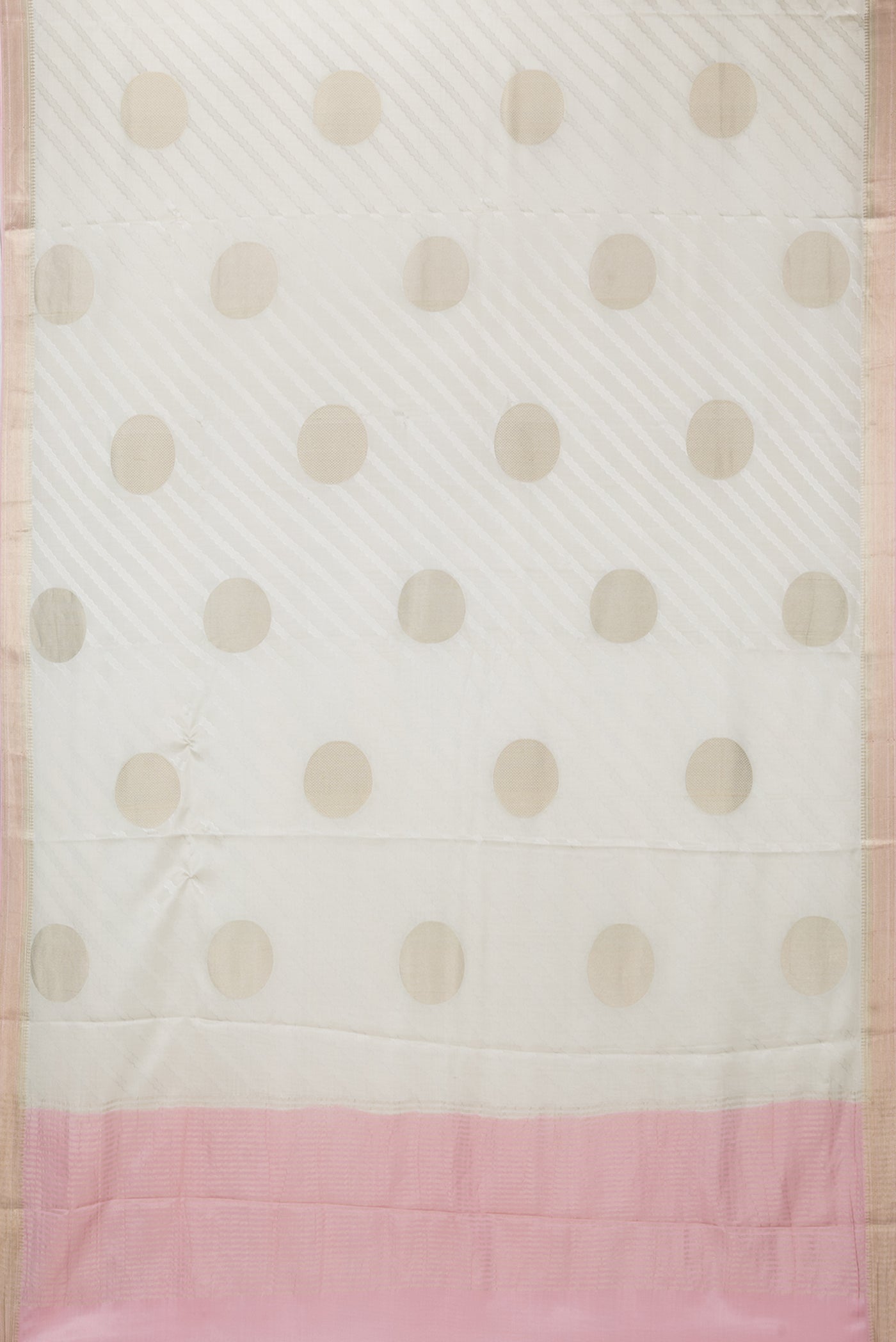 Flat view of Beige Mysore Chiffon Saree with Zari Butta on the body and Zari Border. 
