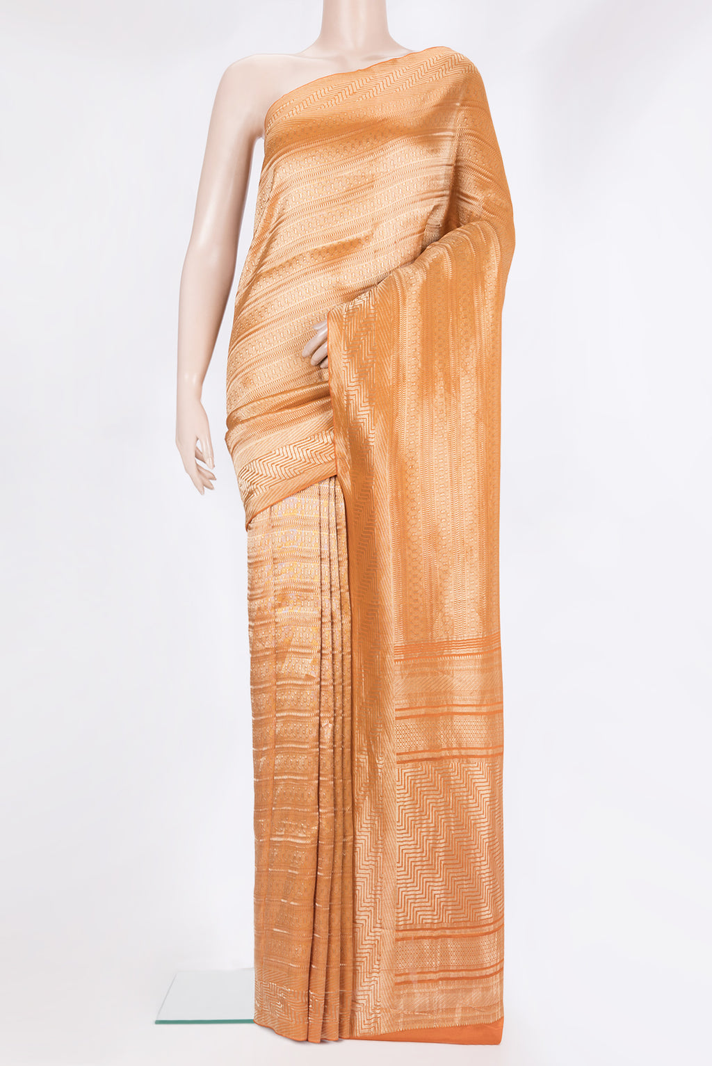 Pure Silk Orange Dual Tone Banarasi Georgette Saree with Zari Brocade on the body and Zari Border.  displayed on a mannequin