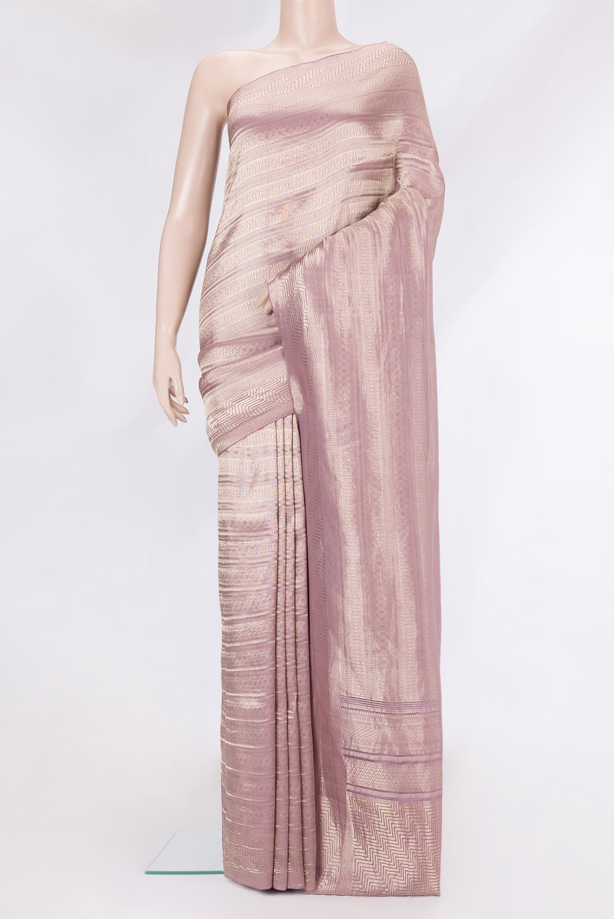 Lavender Dual Tone Banarasi Georgette Saree with Zari Brocade on the body and Zari Border.  displayed on a mannequin