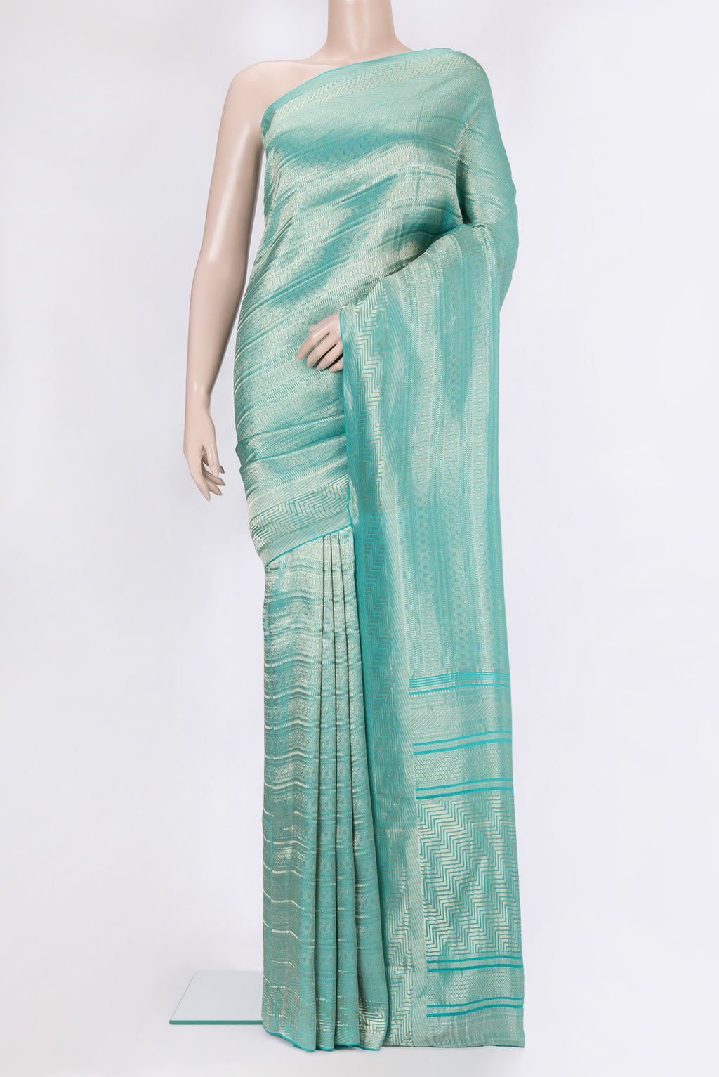 Sky Blue Dual Tone Banarasi Georgette Saree with Stripes on the body and Zari Border.  displayed on a mannequin