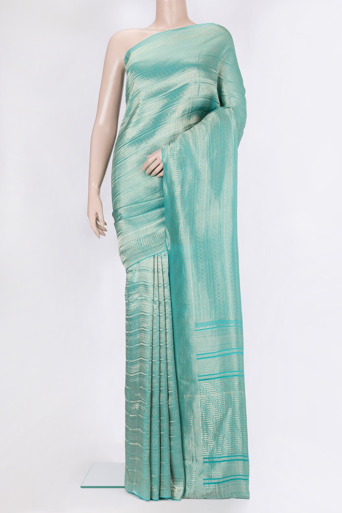 Sky Blue Dual Tone Banarasi Georgette Saree with Stripes on the body and Zari Border.  displayed on a mannequin