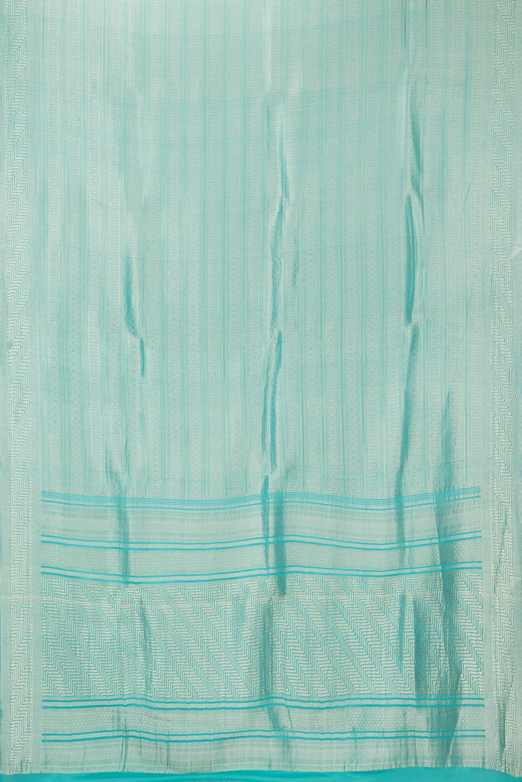 Flat view of Sky Blue Dual Tone Banarasi Georgette Saree with Stripes on the body and Zari Border. 