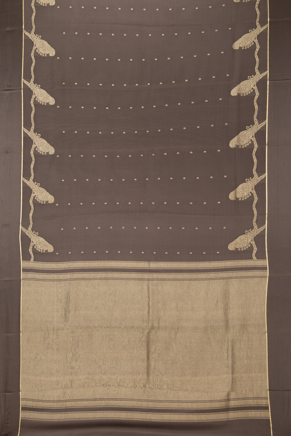 Flat view of Brown Dual Tone Georgette Saree with Zari Butta on the body and Zari Border. 