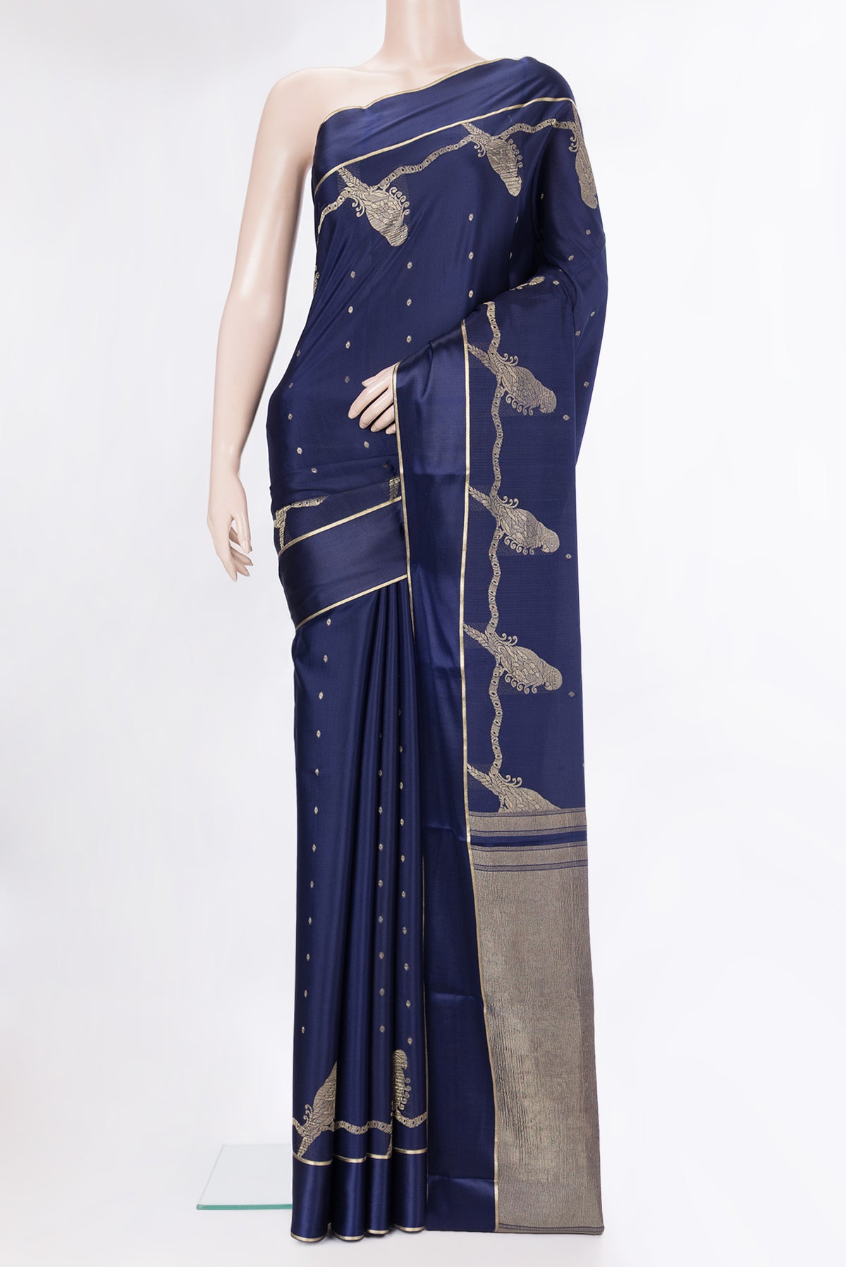 Navy Blue Dual Tone Georgette Saree with Zari Butta on the body and Zari Border.  displayed on a mannequin