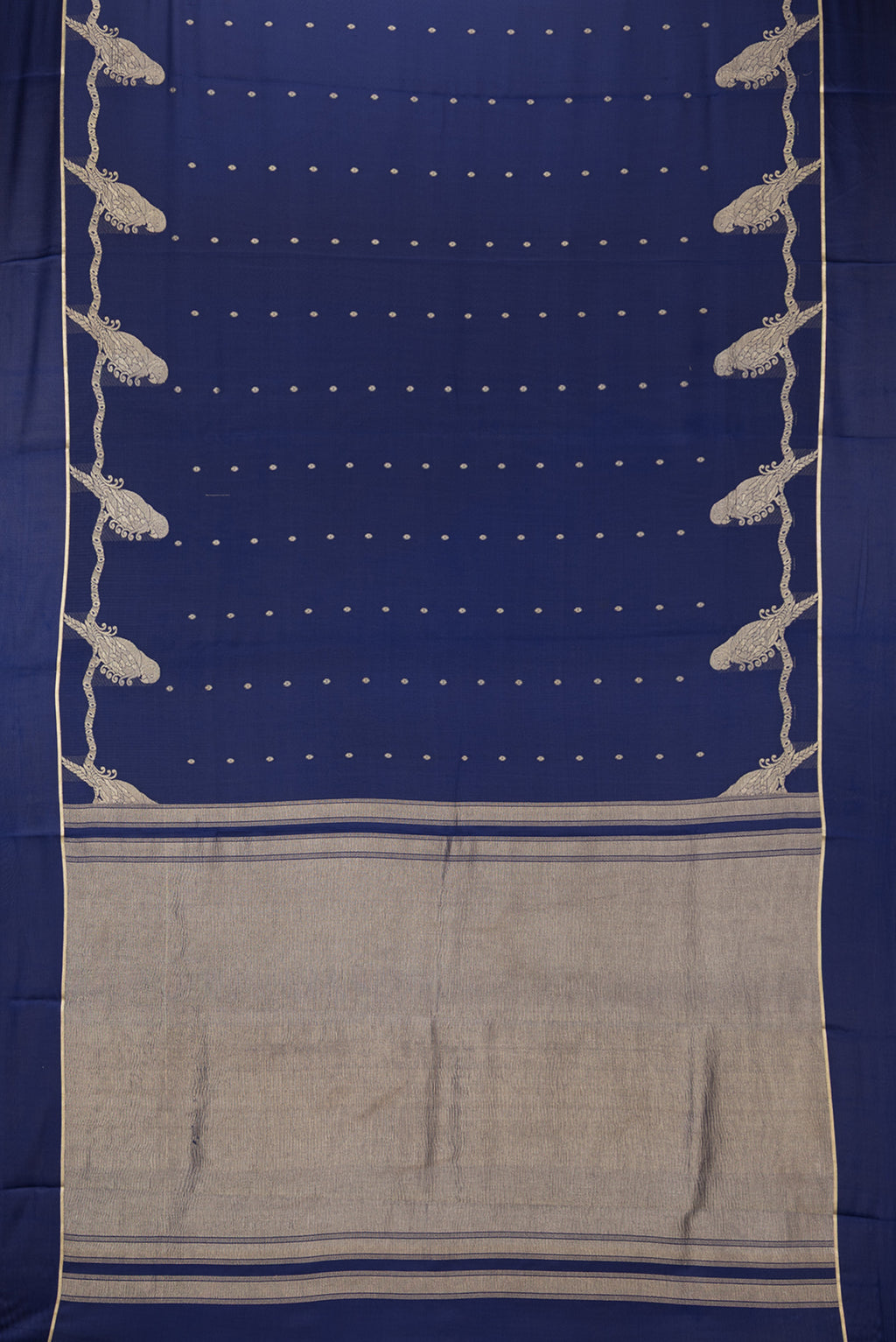 Flat view of Navy Blue Dual Tone Georgette Saree with Zari Butta on the body and Zari Border. 