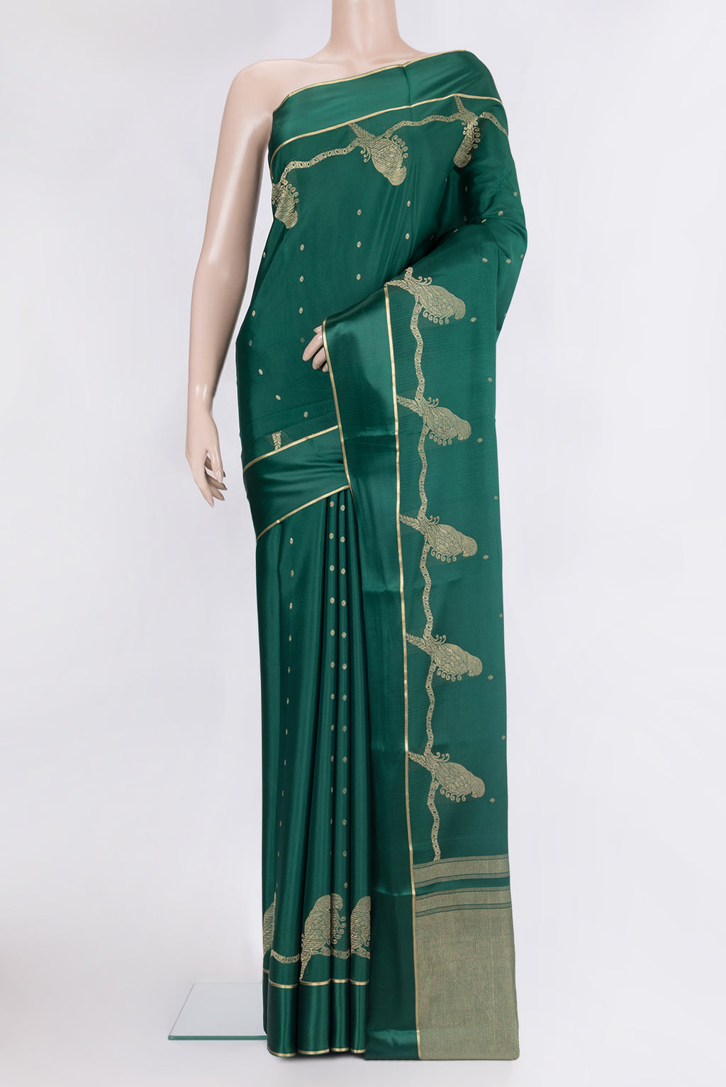Pure Silk Green Dual Tone Banarasi Georgette Saree with Zari Butta on the body and Zari Border.  displayed on a mannequin