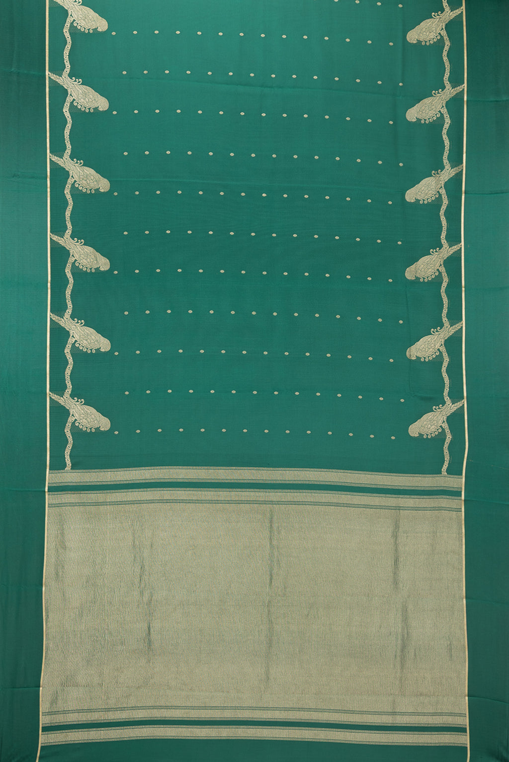 Flat view of Pure Silk Green Dual Tone Banarasi Georgette Saree with Zari Butta on the body and Zari Border. 
