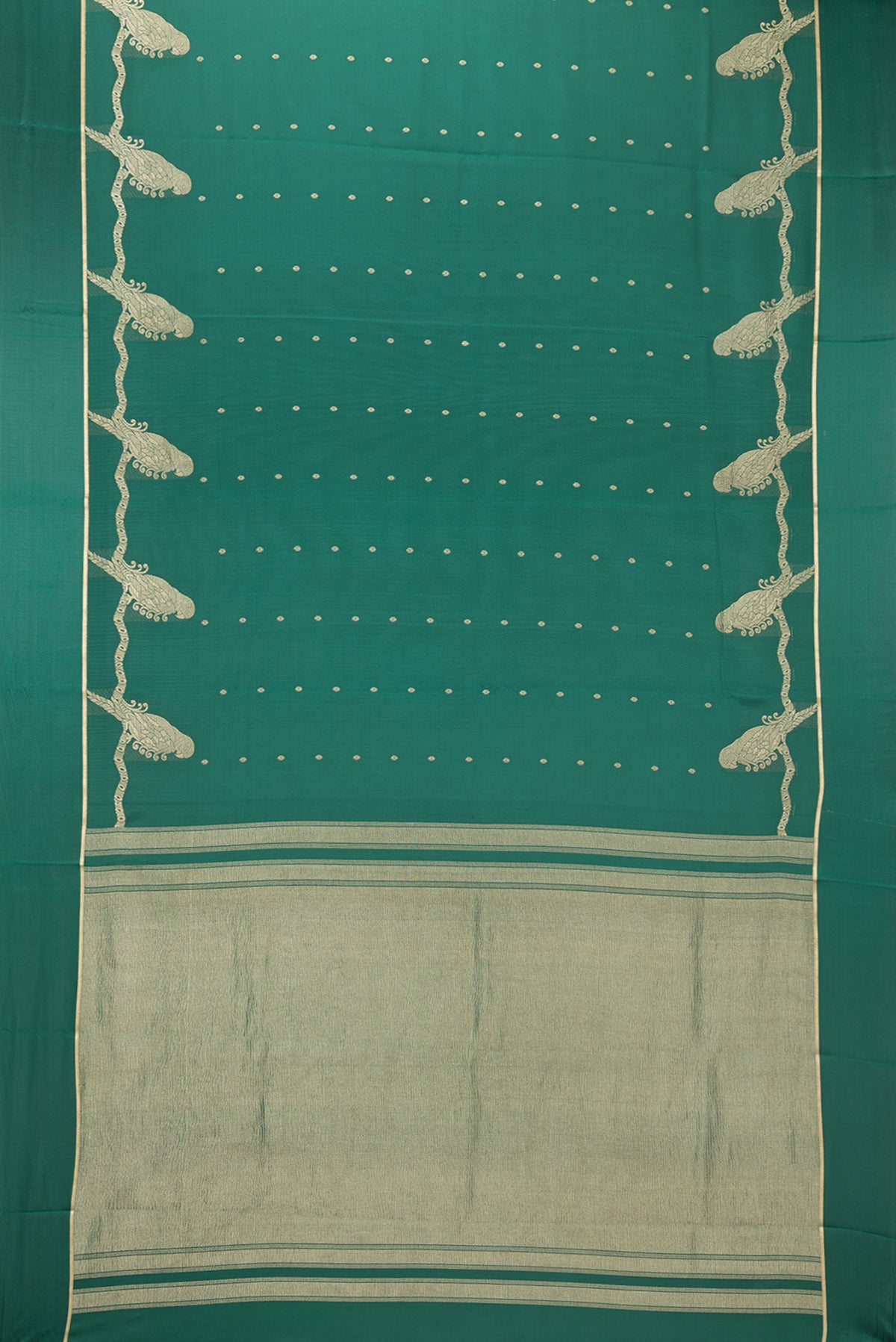 Flat view of Pure Silk Green Dual Tone Banarasi Georgette Saree with Zari Butta on the body and Zari Border. 