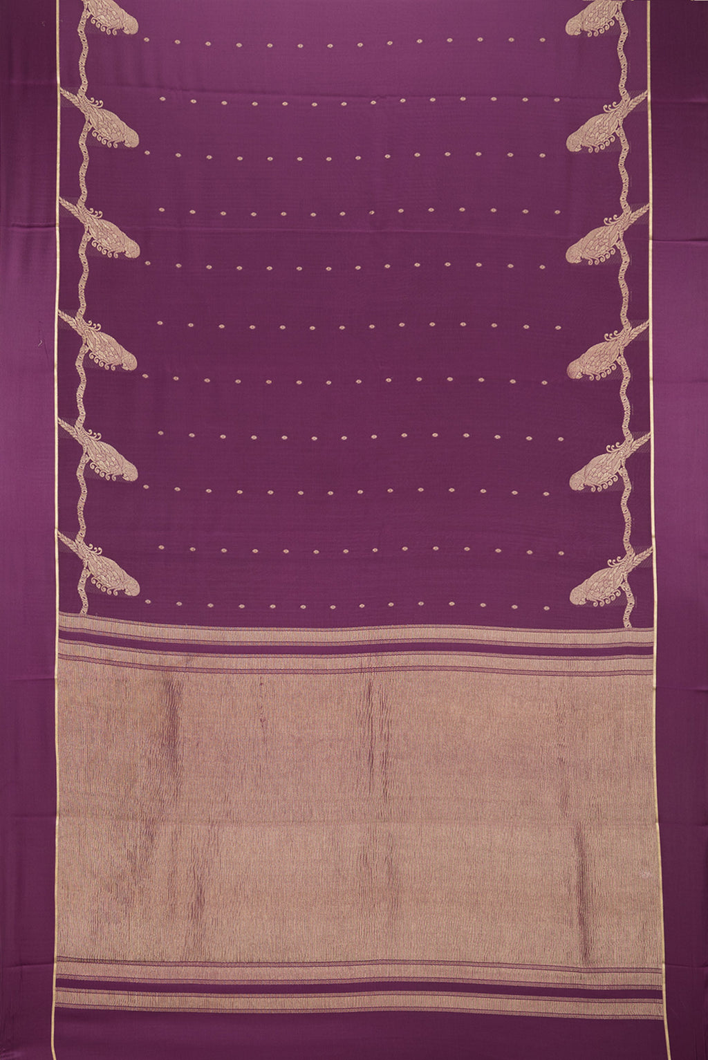Flat view of Purple Mysore Crepe Saree with Zari Butta on the body and Fancy Border. 