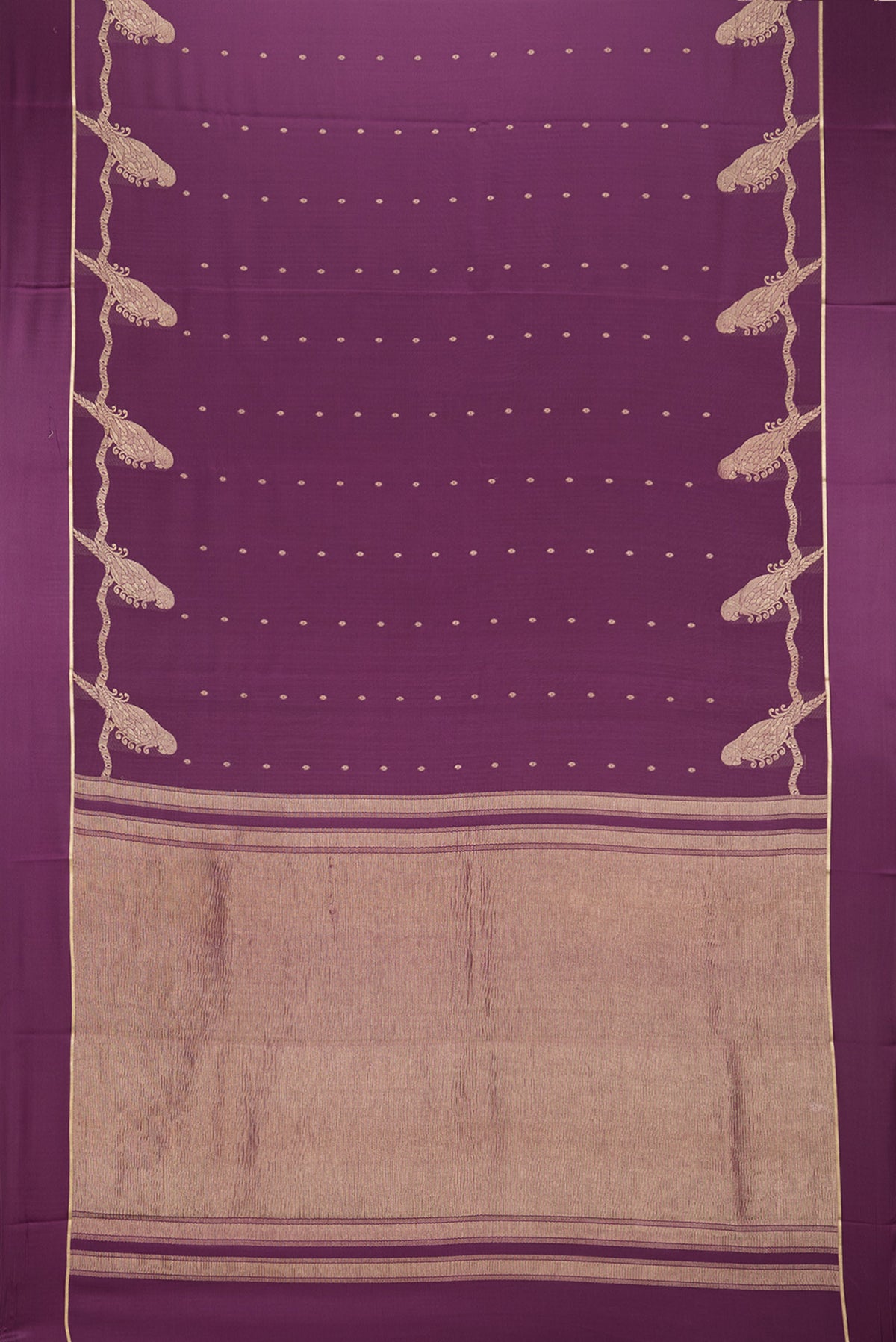 Flat view of Purple Mysore Crepe Saree with Zari Butta on the body and Fancy Border. 